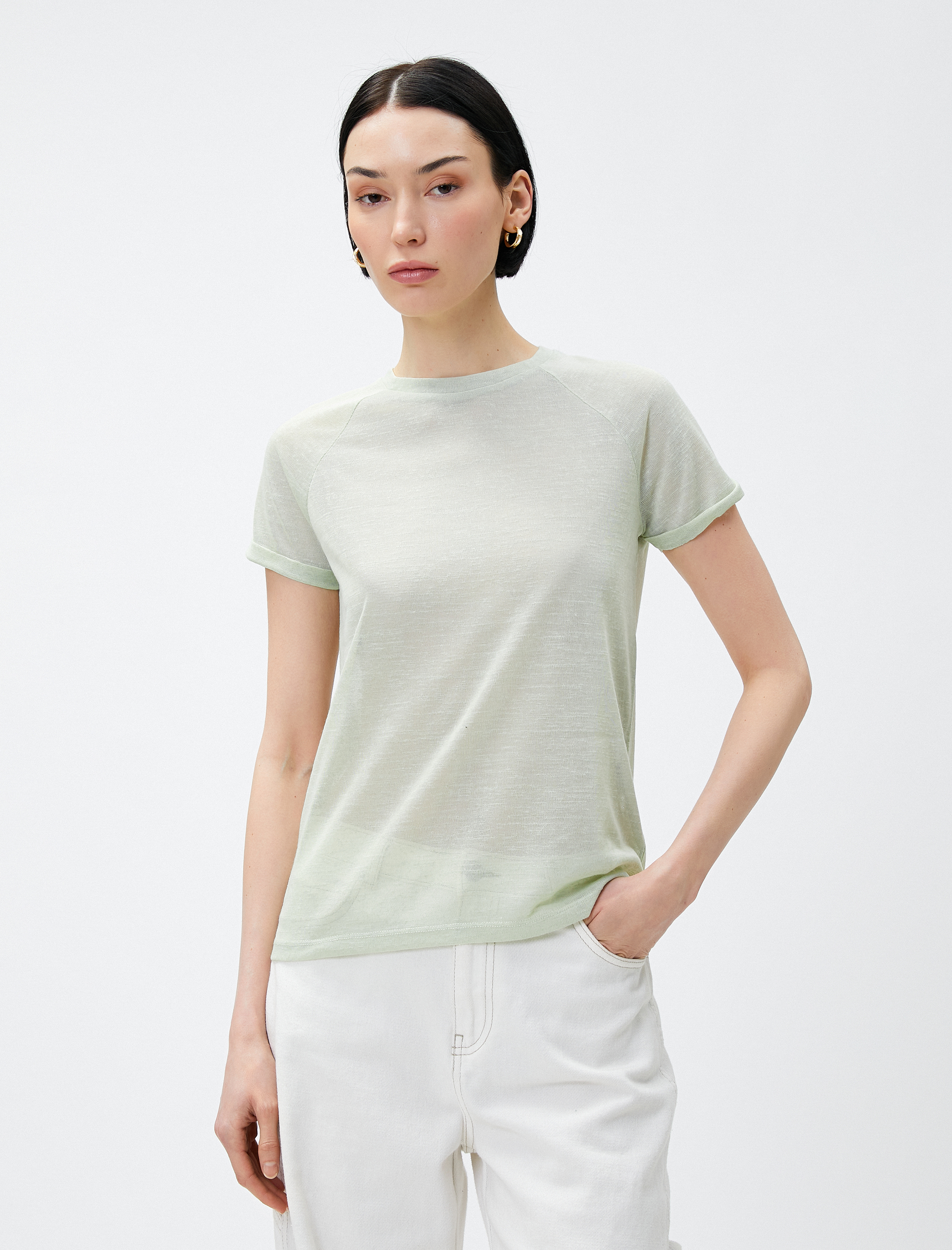   Bisiklet Yaka Kısa Kollu Yarı Transparan Tişört