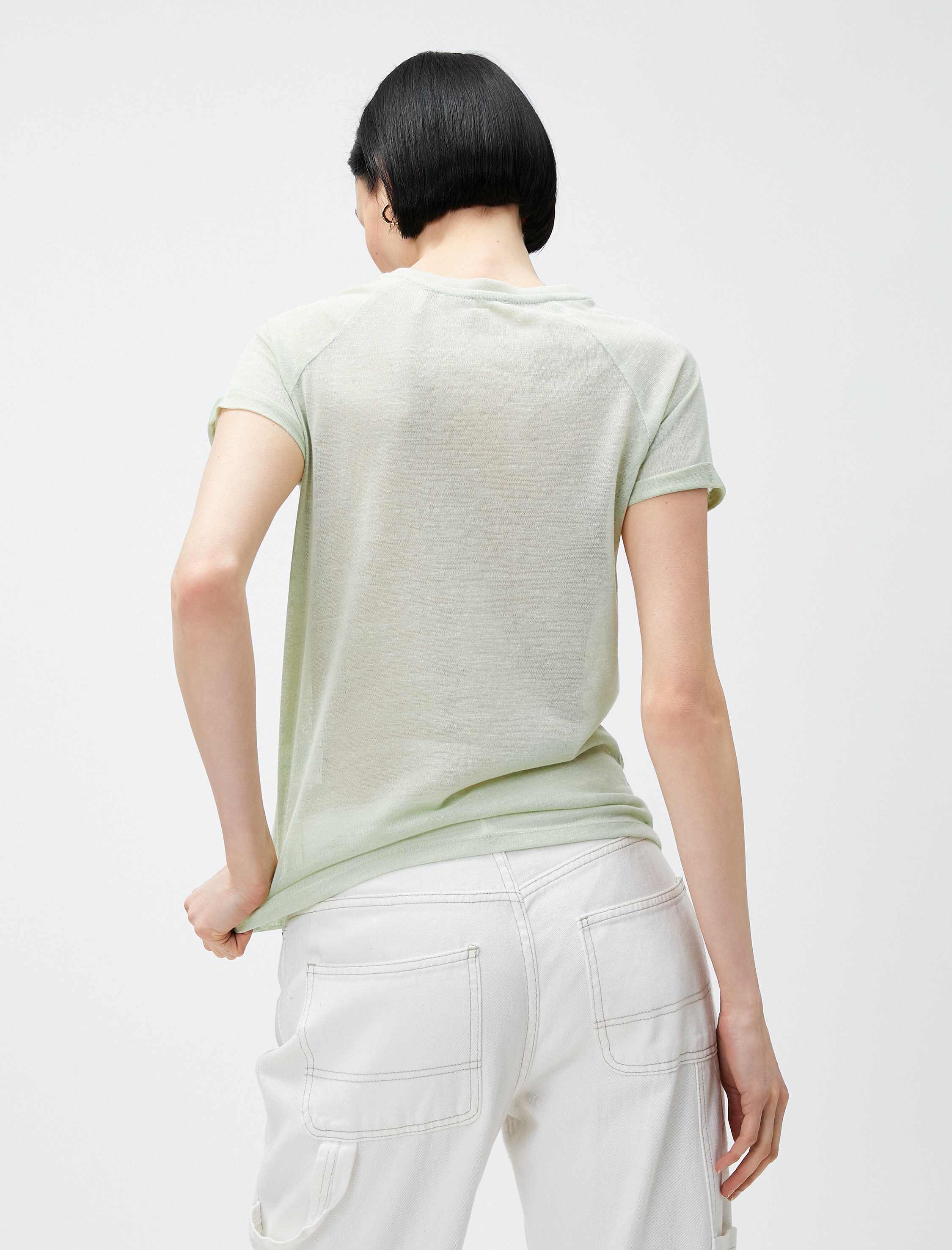   Bisiklet Yaka Kısa Kollu Yarı Transparan Tişört