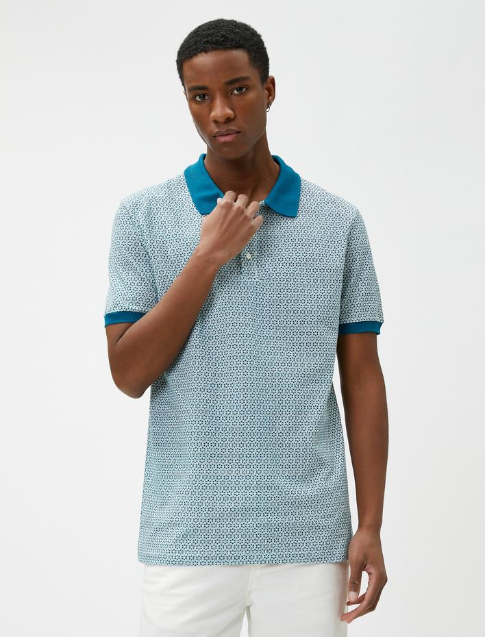  Polo Yaka Tişört Geometrik Baskı Detaylı Dar Kesim Düğmeli