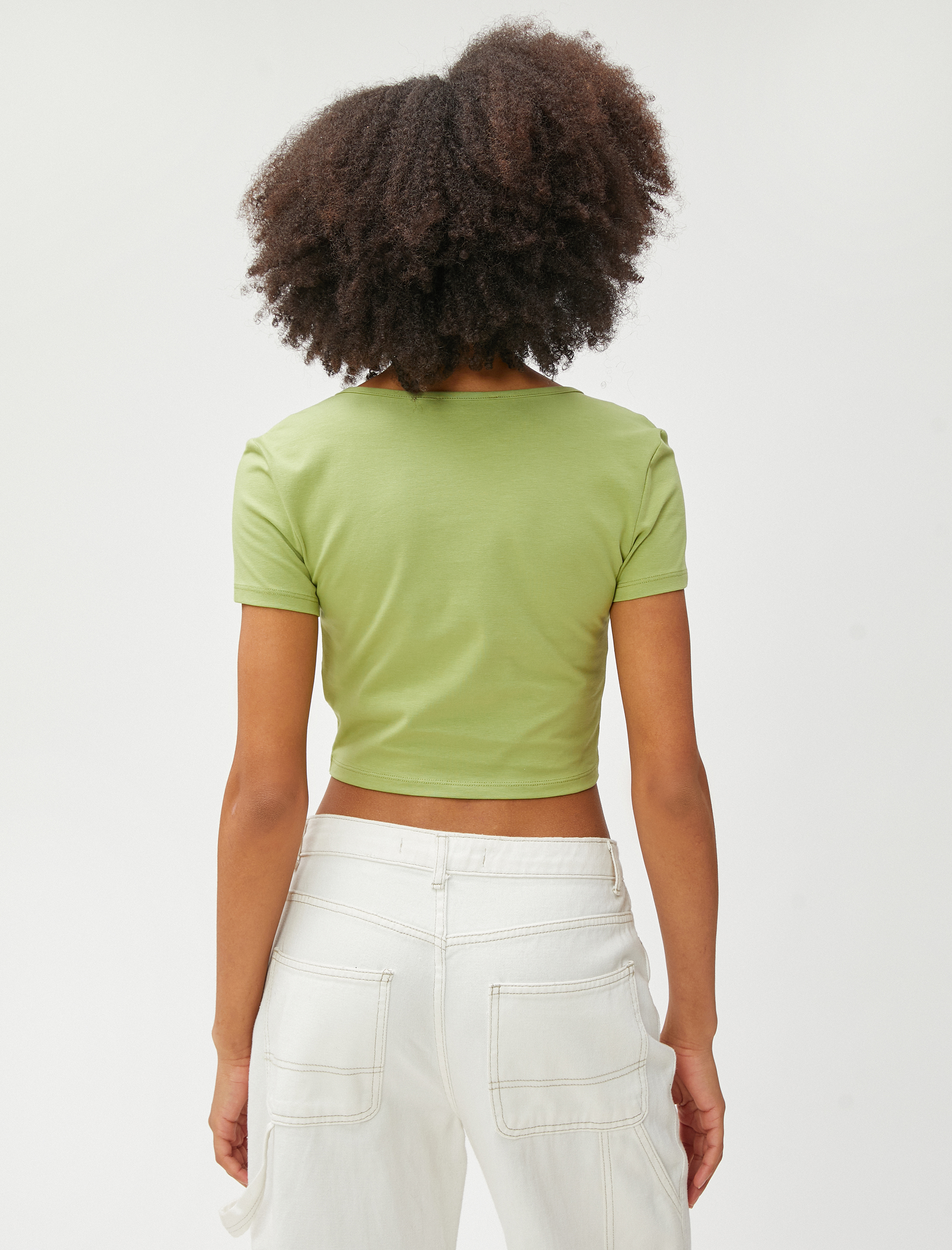   Crop Tişört Pamuklu Yuvarlak Yaka Nervürlü Kısa Kollu