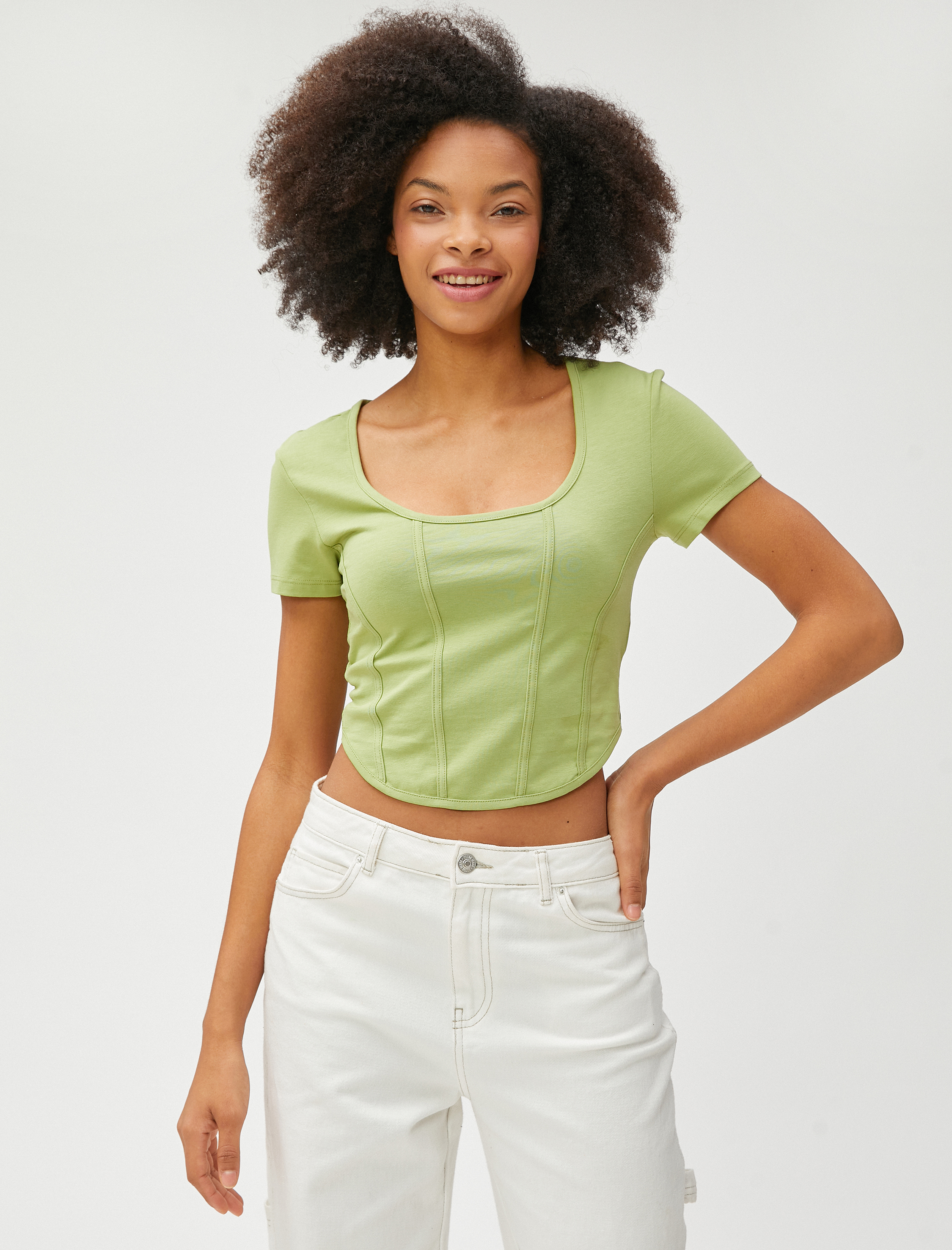   Crop Tişört Pamuklu Yuvarlak Yaka Nervürlü Kısa Kollu