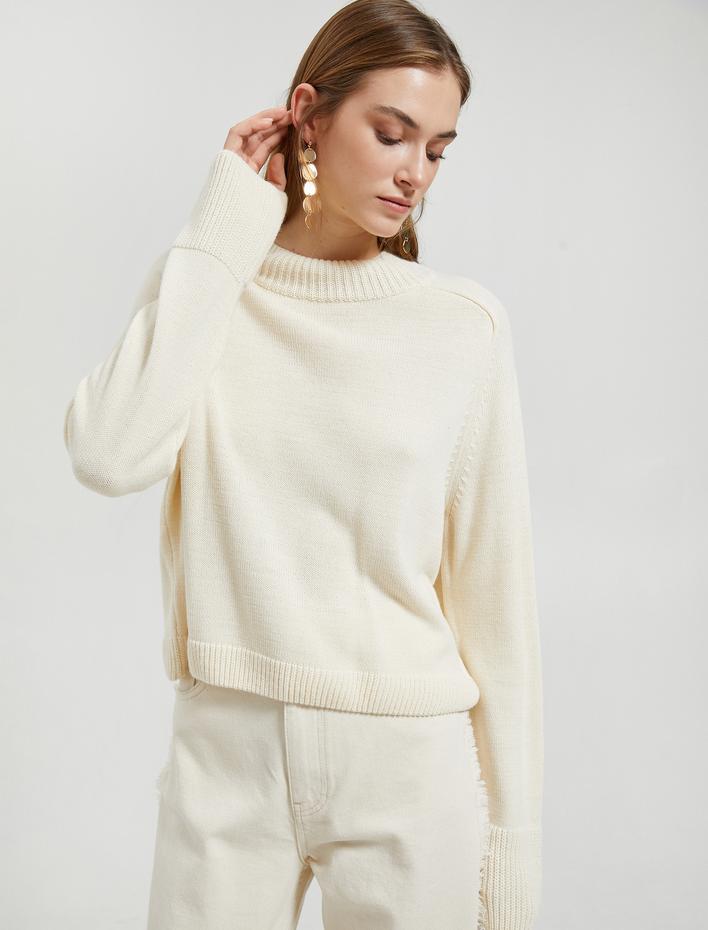  Crop Triko Kazak Dik Yaka Uzun Kollu Kaşmir Dokulu