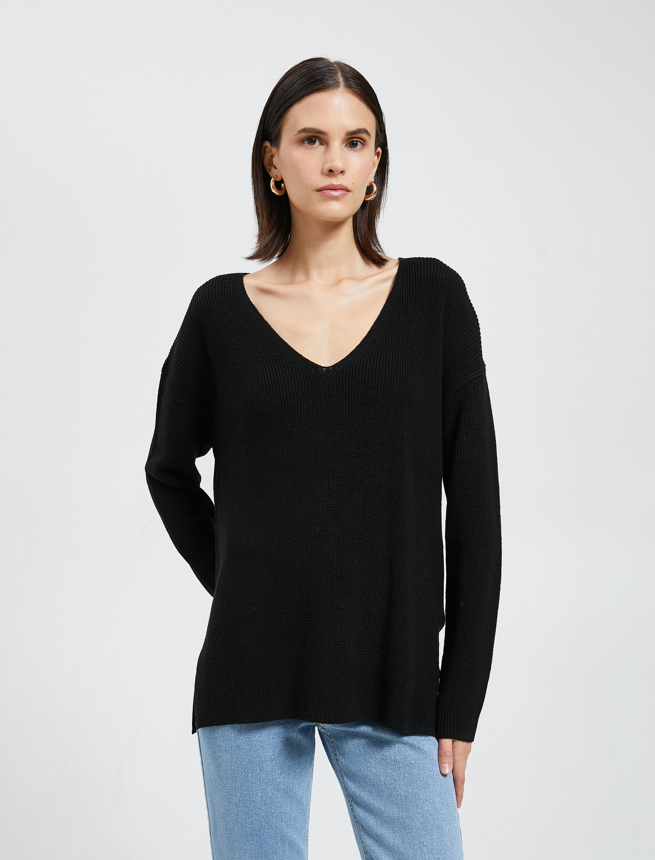   V Yaka Süveter Oversize Uzun Kollu Kaşmir Dokulu