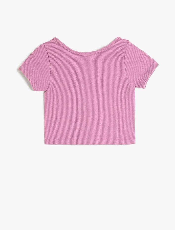 Kız Çocuk Crop Tişört Derin Yuvarlak Yaka Kısa Kollu Ribanalı