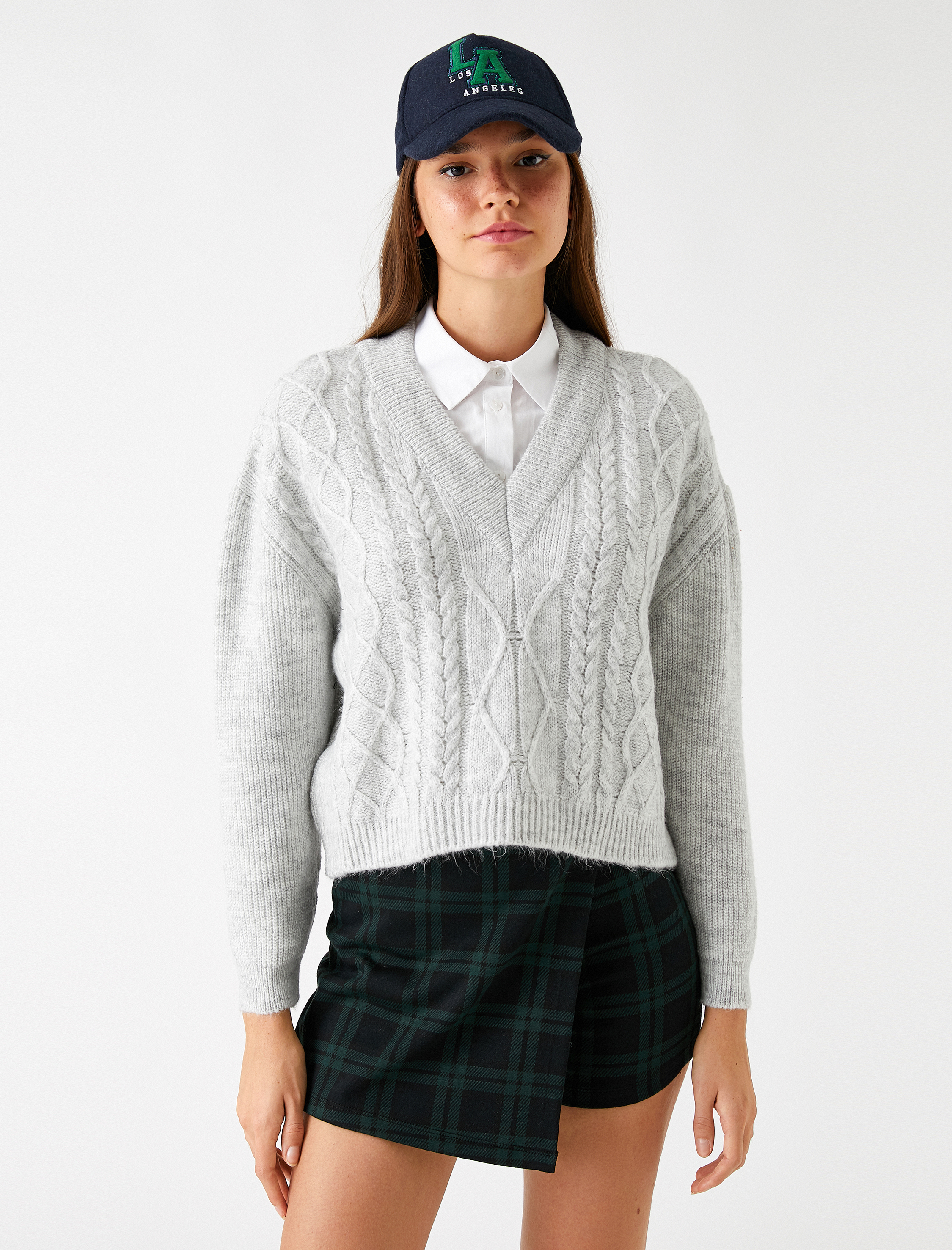   V Yaka Örgü Triko Kazak Uzun Kollu