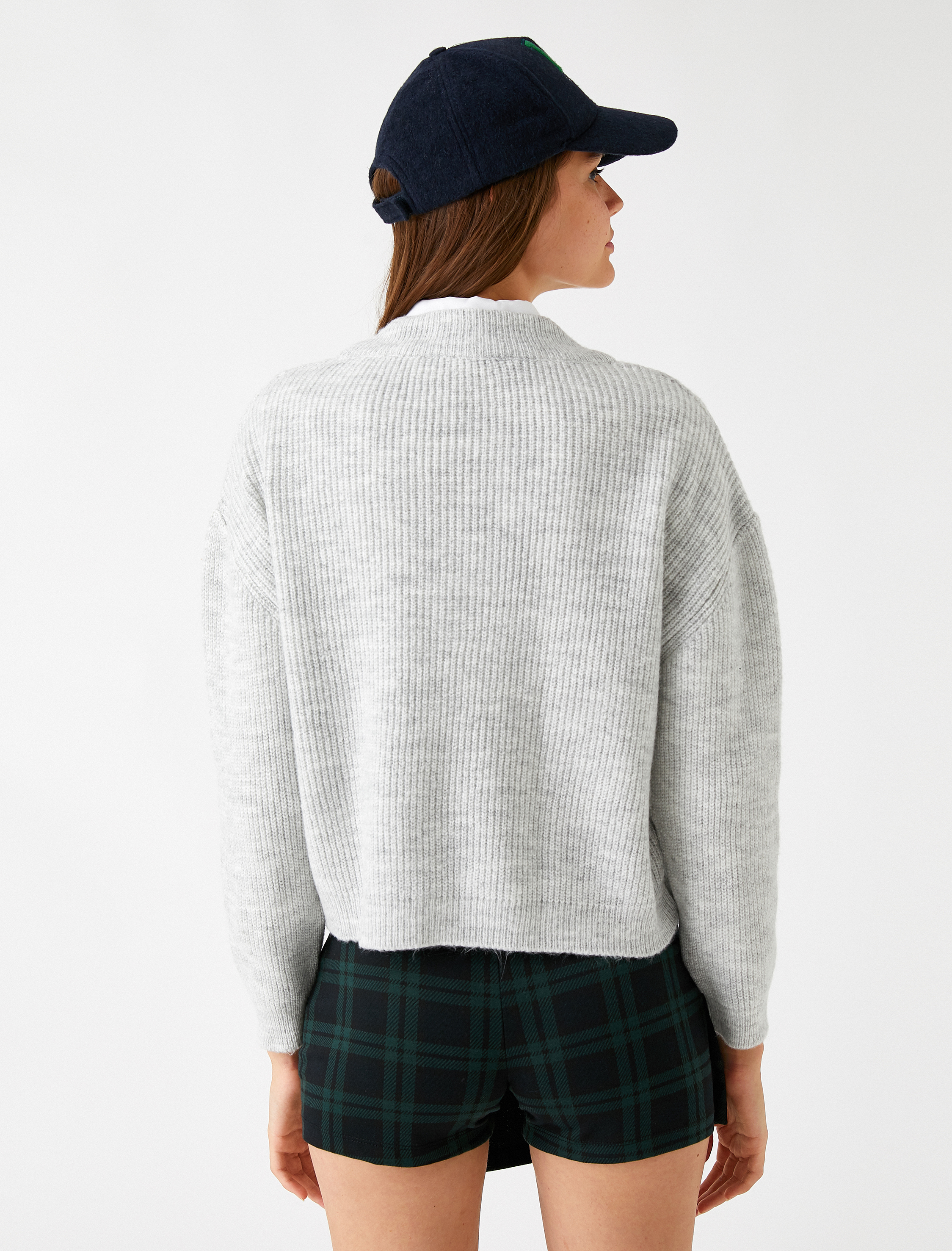   V Yaka Örgü Triko Kazak Uzun Kollu