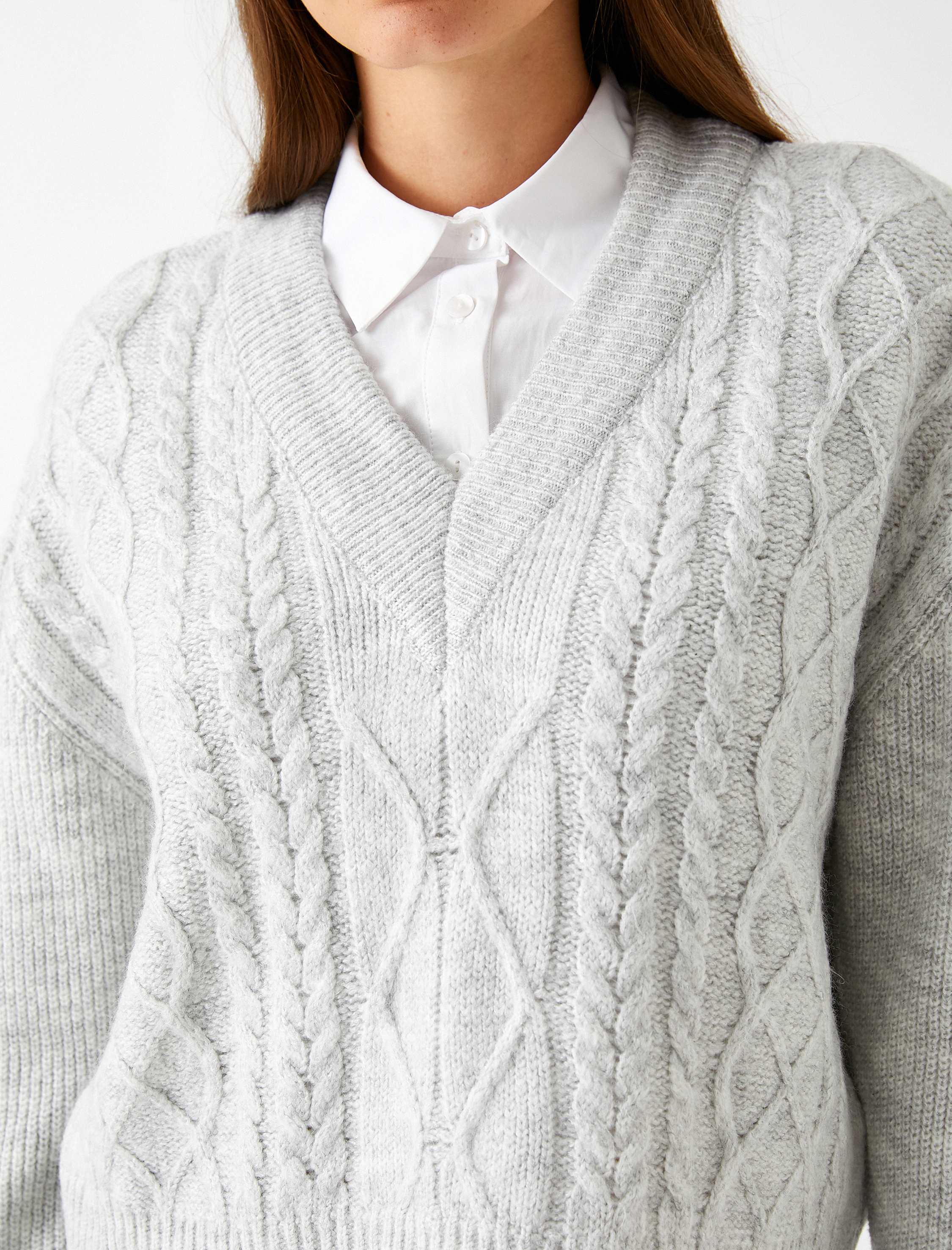   V Yaka Örgü Triko Kazak Uzun Kollu