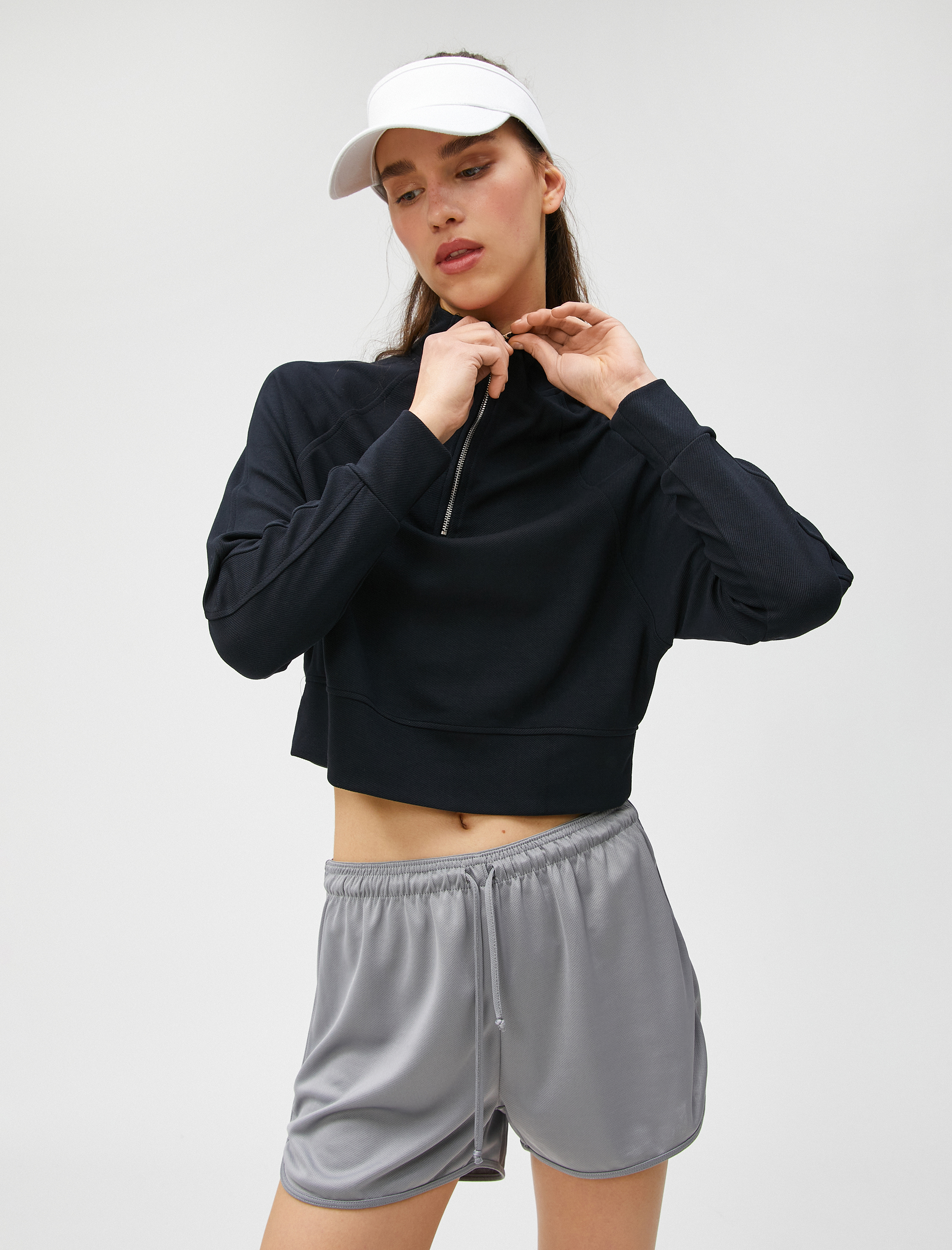 Crop Sweatshirt Yarım Fermuarlı Modal Karışımlı