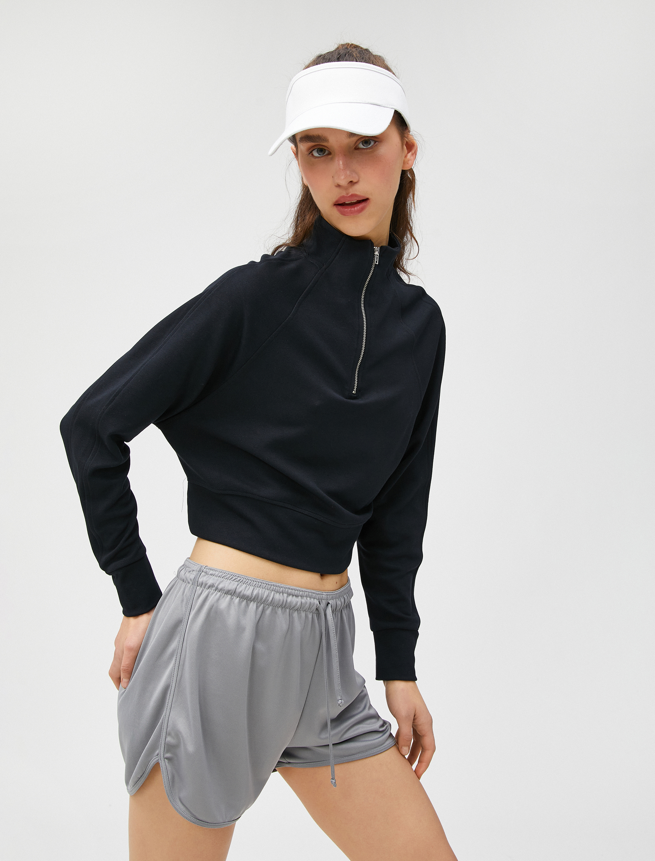 Crop Sweatshirt Yarım Fermuarlı Modal Karışımlı