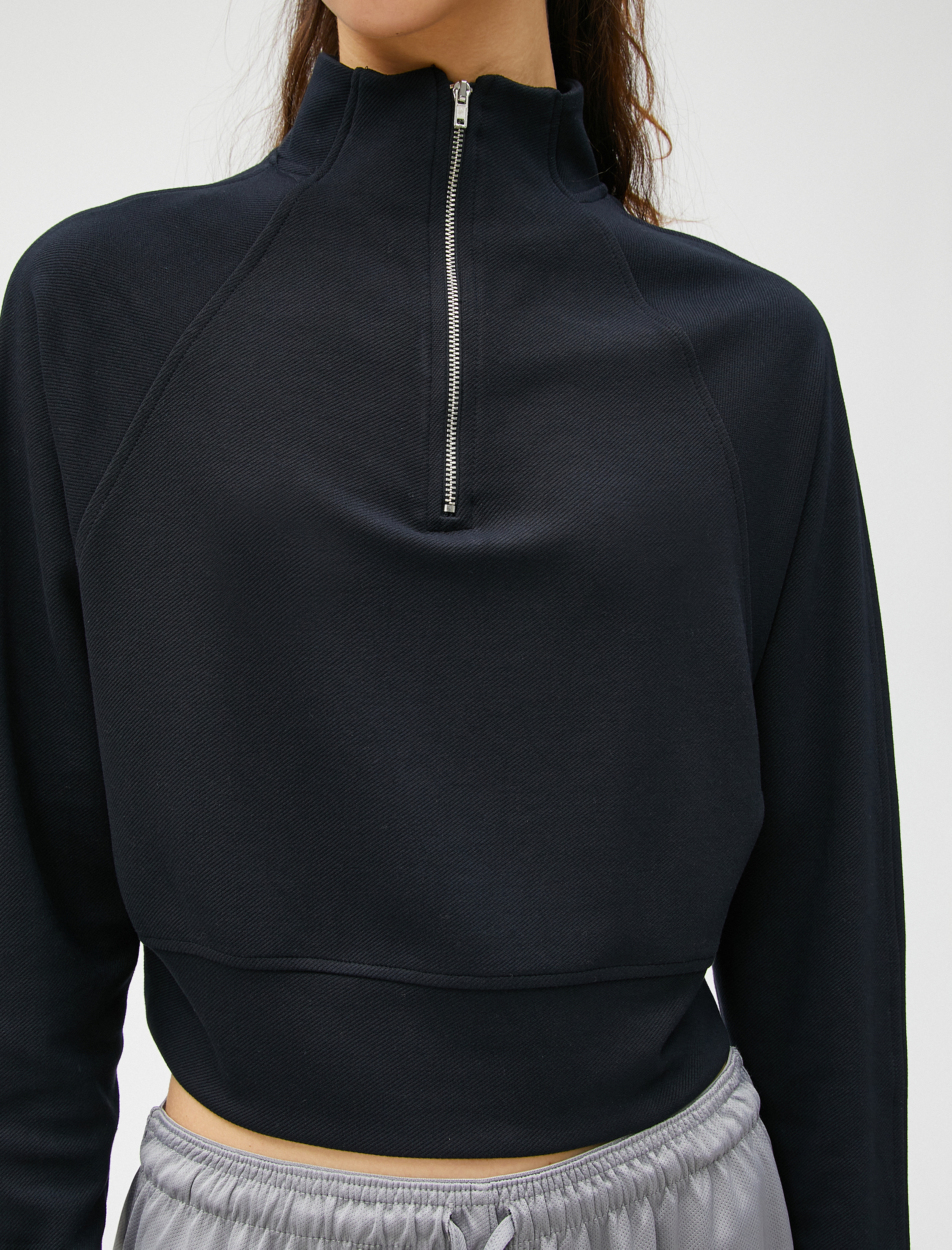 Crop Sweatshirt Yarım Fermuarlı Modal Karışımlı