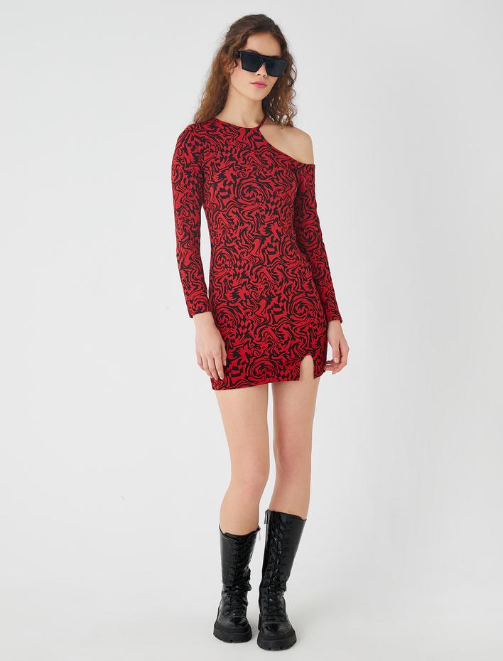  Pencere Detaylı Mini Elbise Halter Yaka