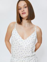 Askılı Pijama Üstü Çiçekli V Yaka