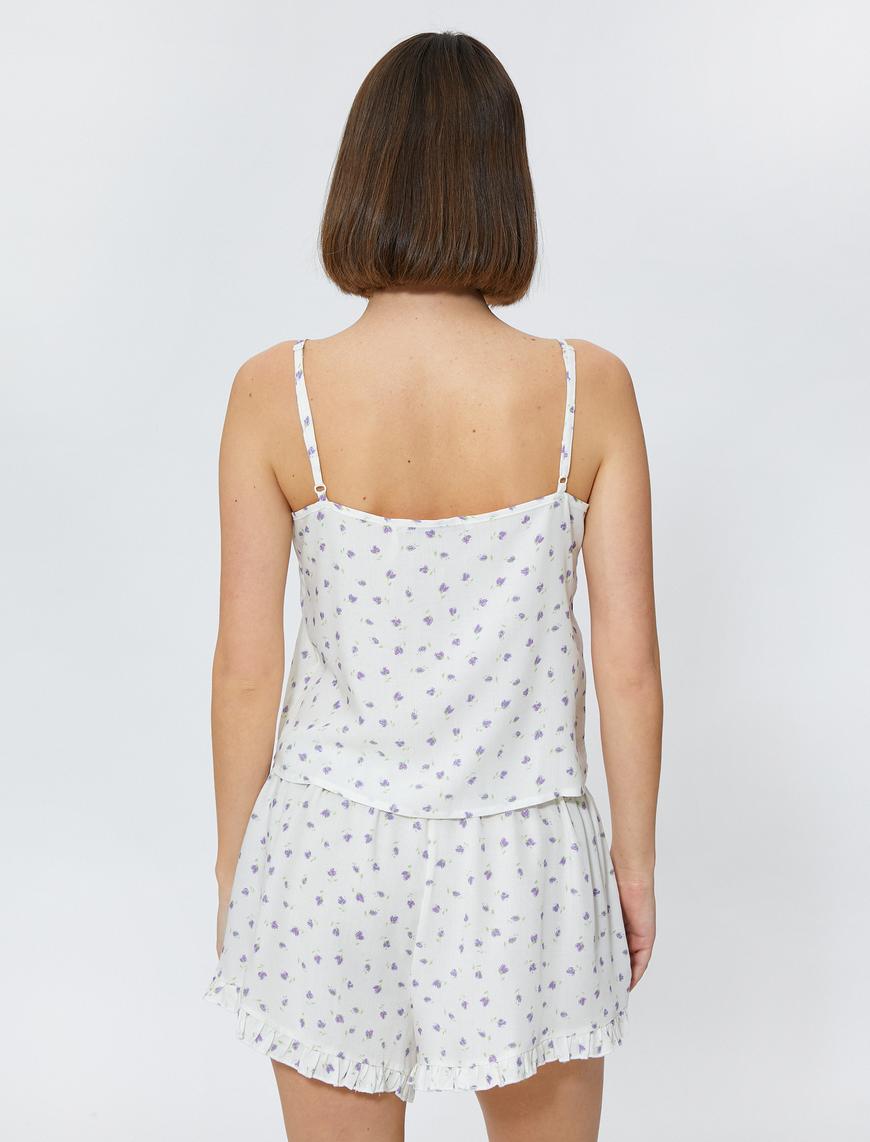   Askılı Pijama Üstü Çiçekli V Yaka