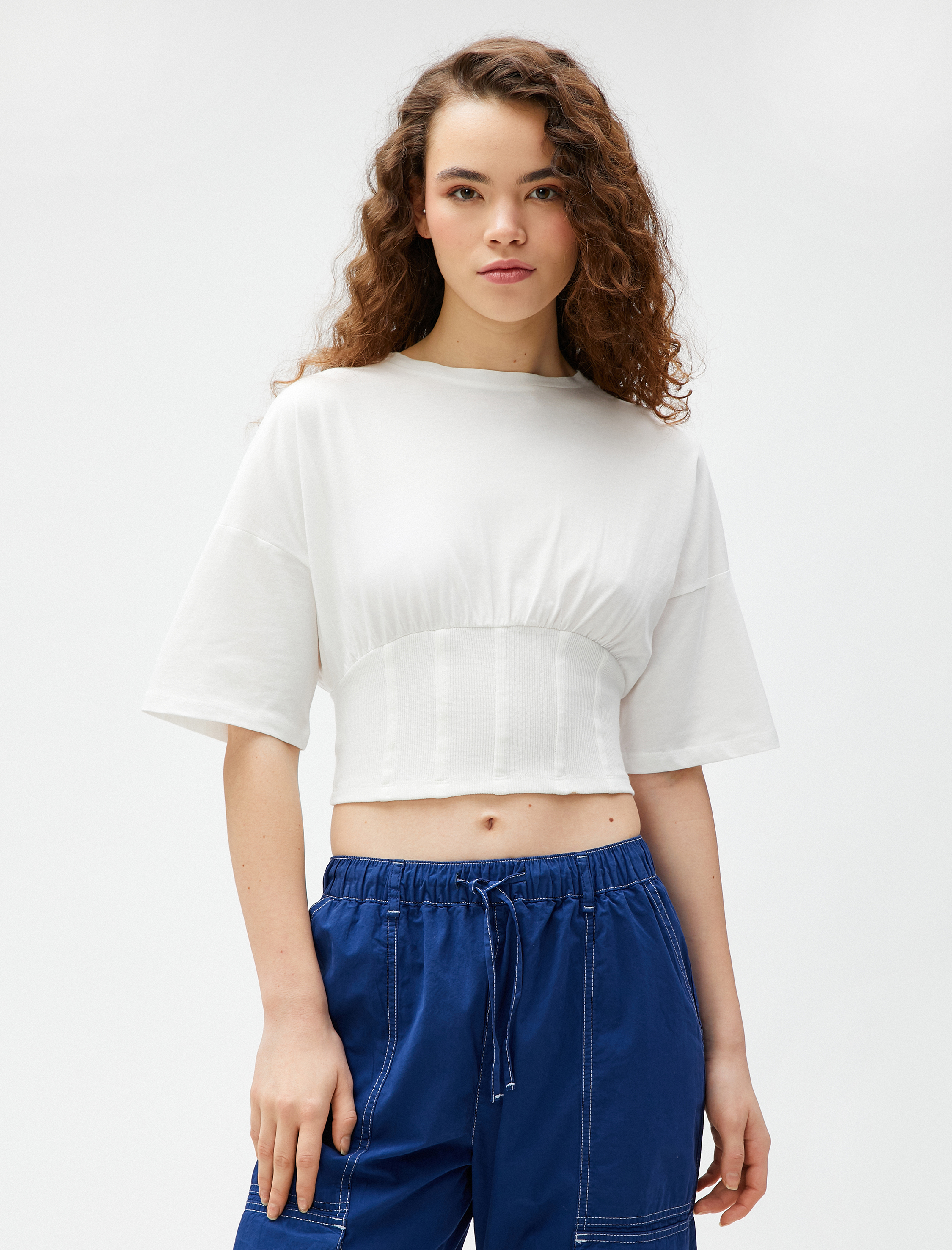   Crop Tişört Beli Korseli Kısa Kollu Bisiklet Yaka Pamuklu