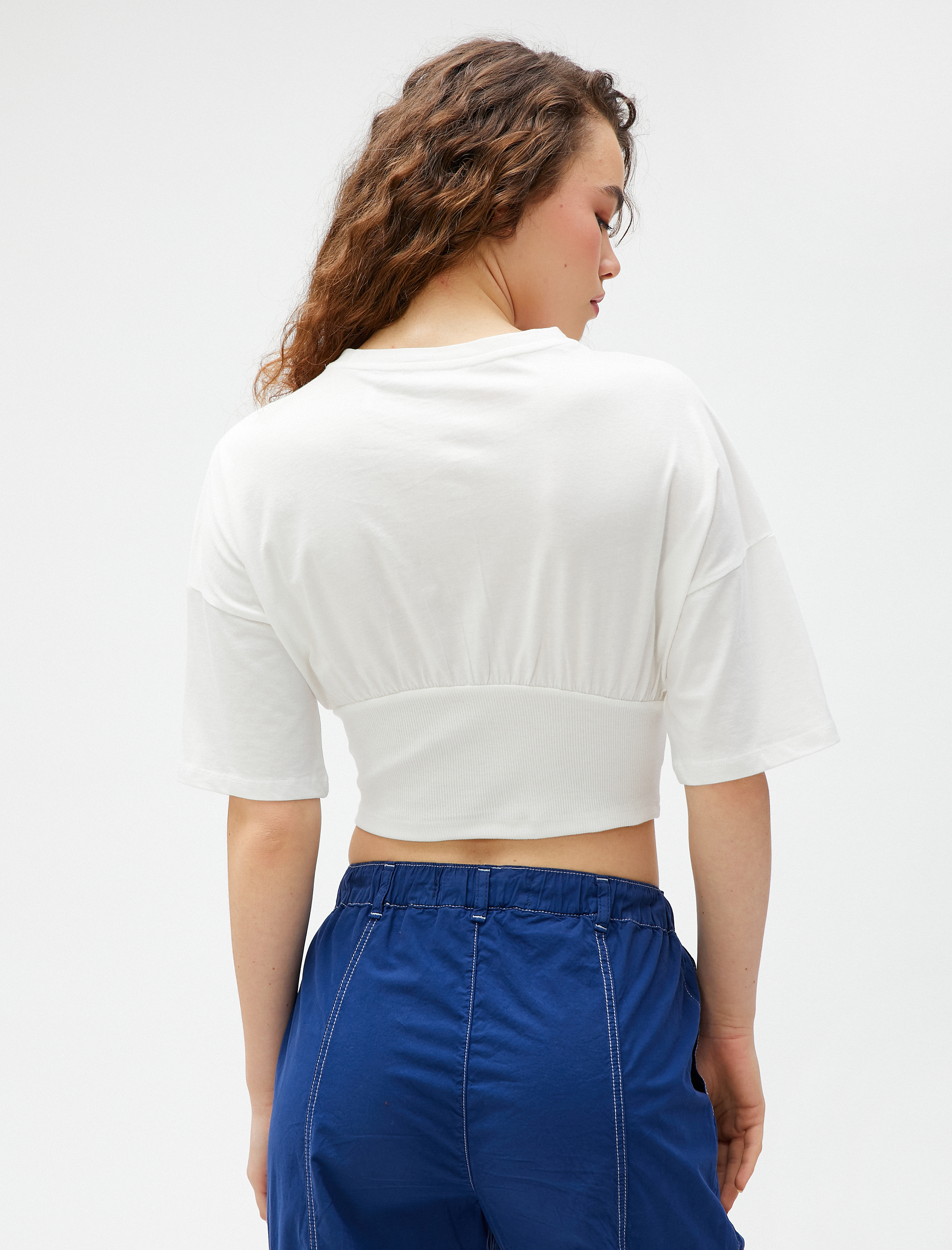   Crop Tişört Beli Korseli Kısa Kollu Bisiklet Yaka Pamuklu