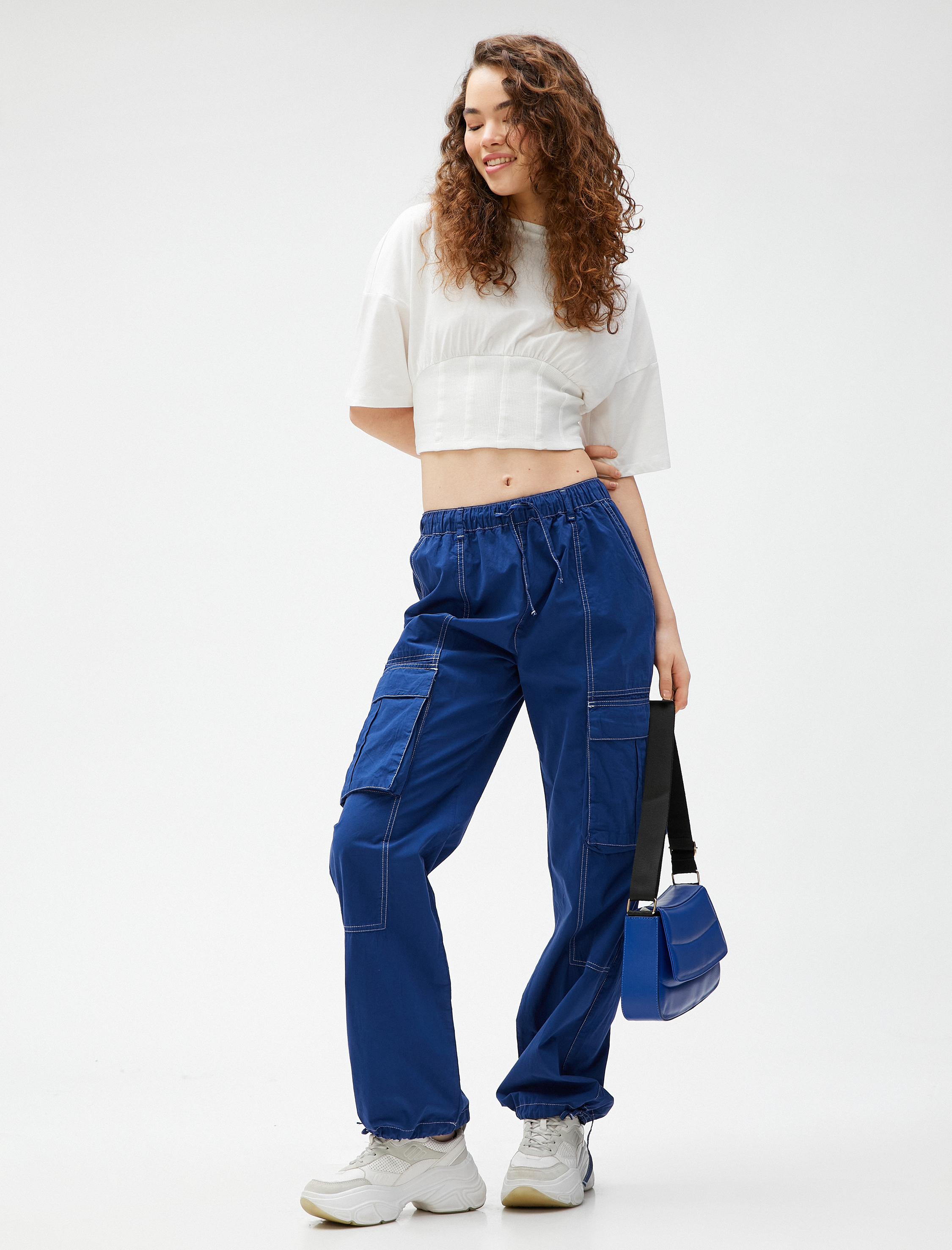   Crop Tişört Beli Korseli Kısa Kollu Bisiklet Yaka Pamuklu