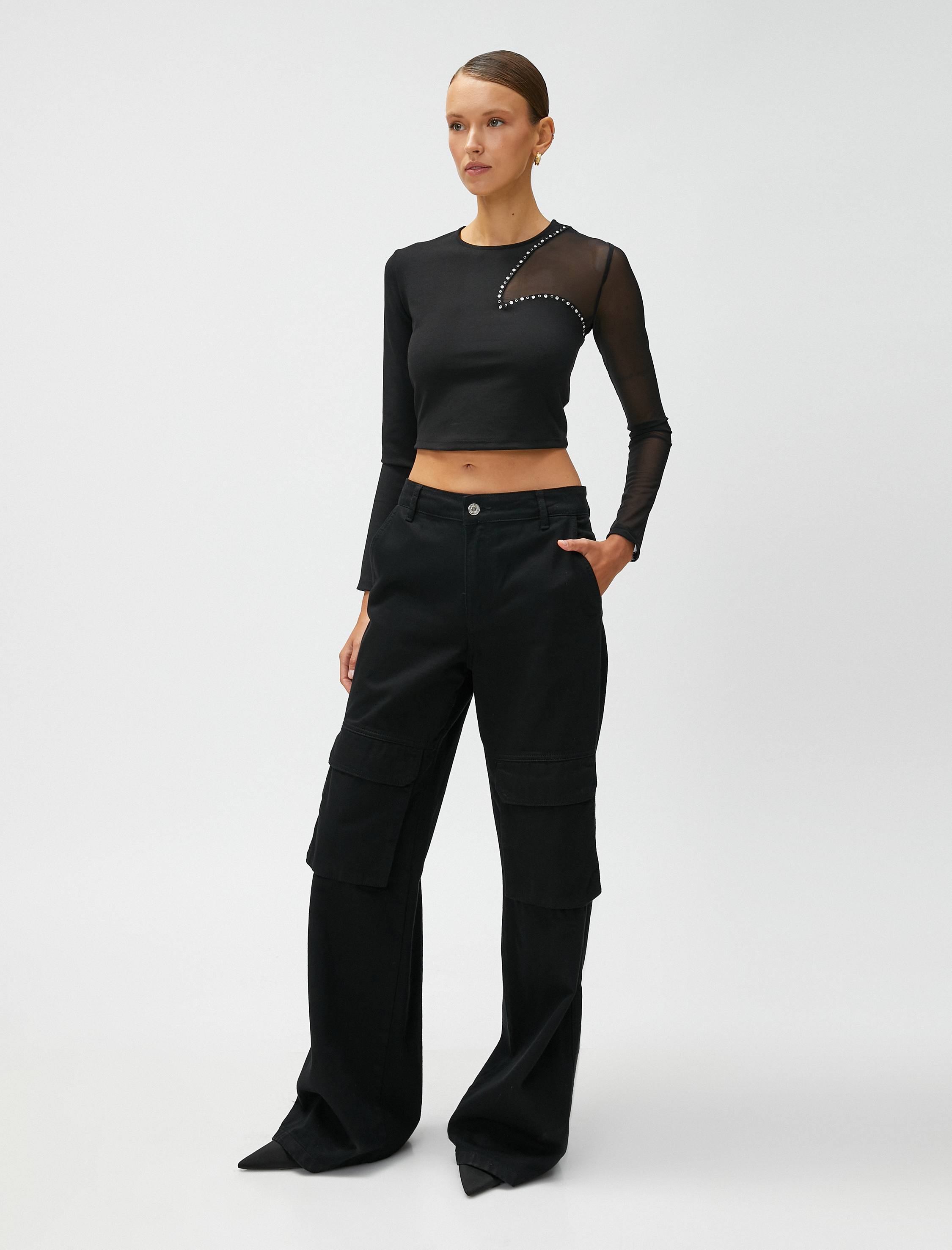   Crop Bluz Tül Detaylı Taşlı