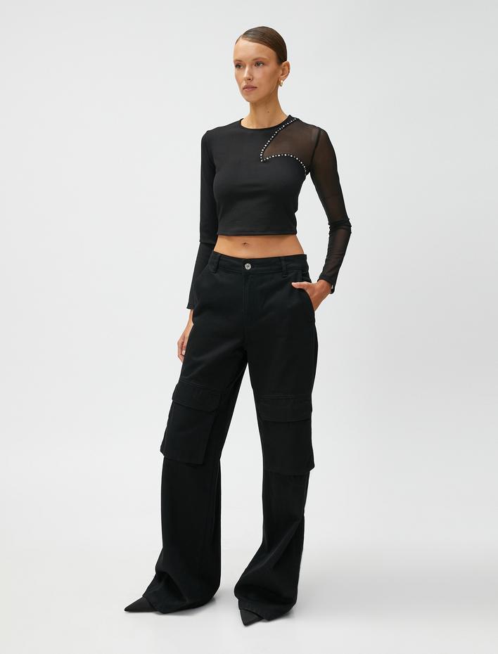  Crop Bluz Tül Detaylı Taşlı