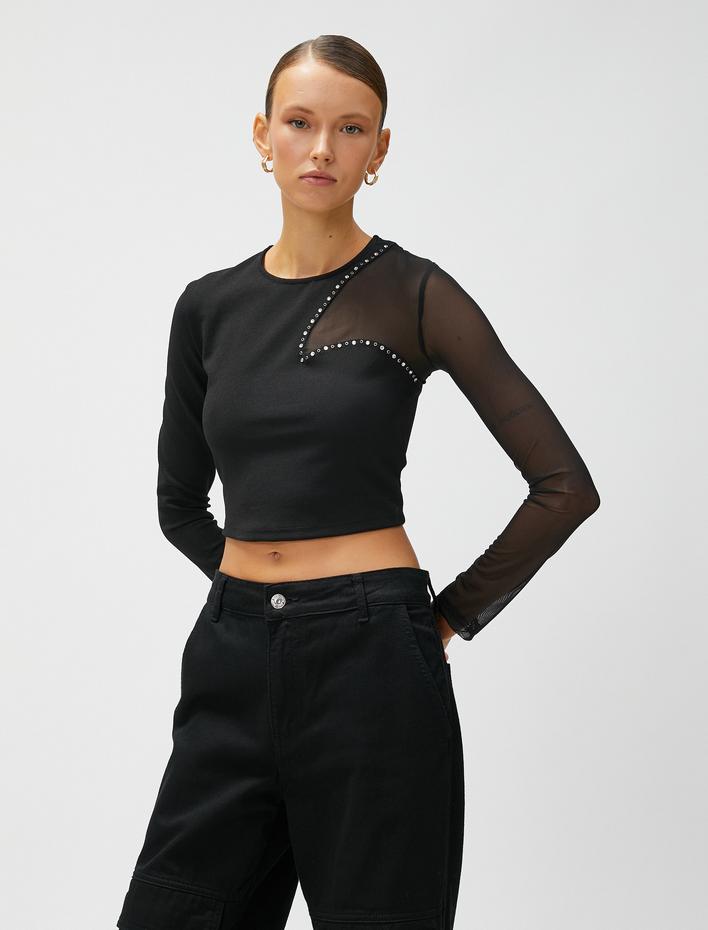  Crop Bluz Tül Detaylı Taşlı