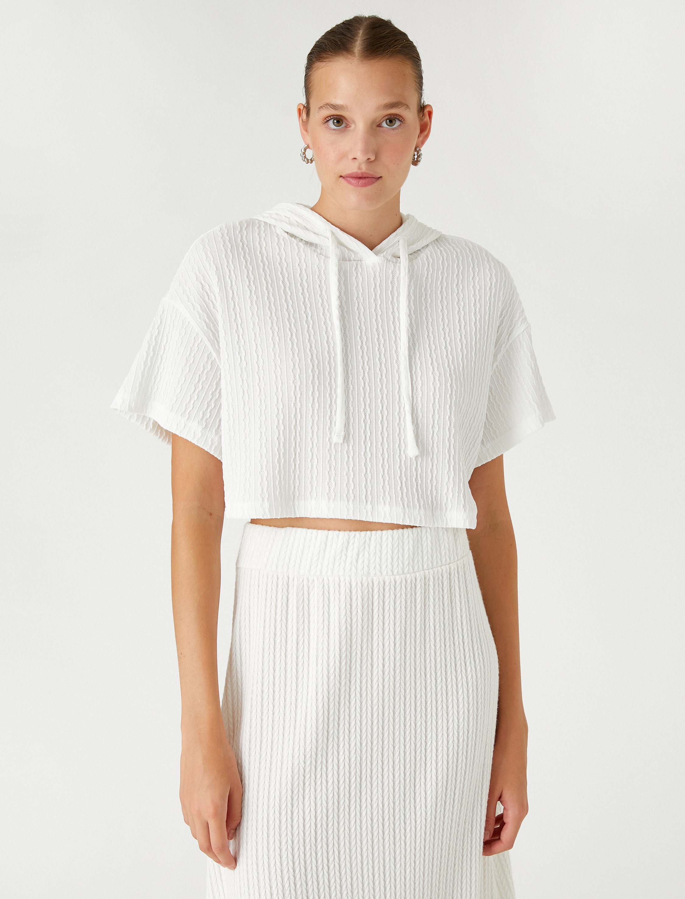   Crop Sweatshirt Kısa Kollu Kapüşonlu