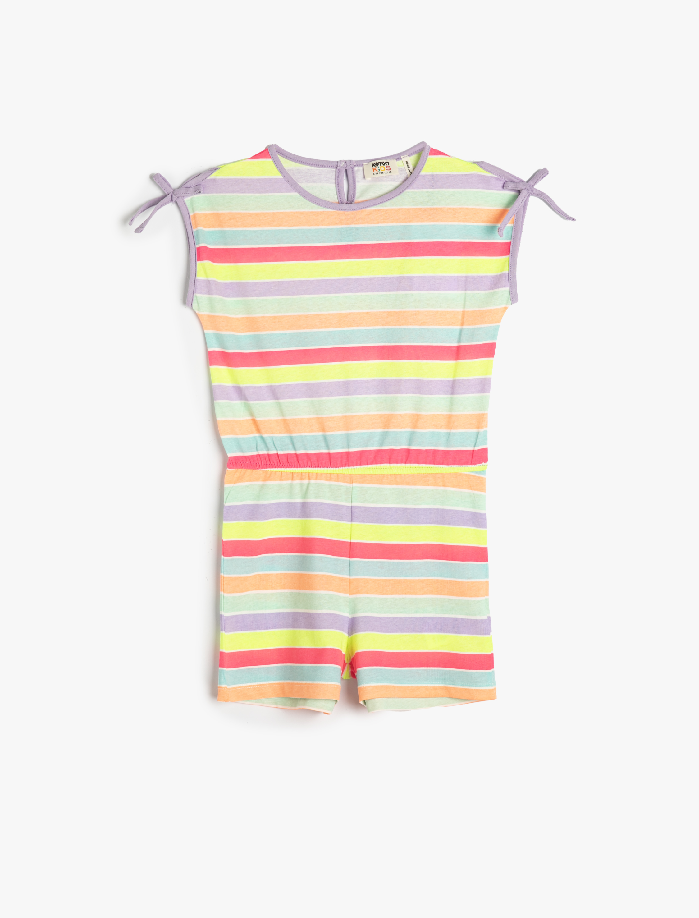  Kız Çocuk Tulum Kısa Kolsuz Fiyonk Detaylı Yuvarlak Yaka Pamuklu