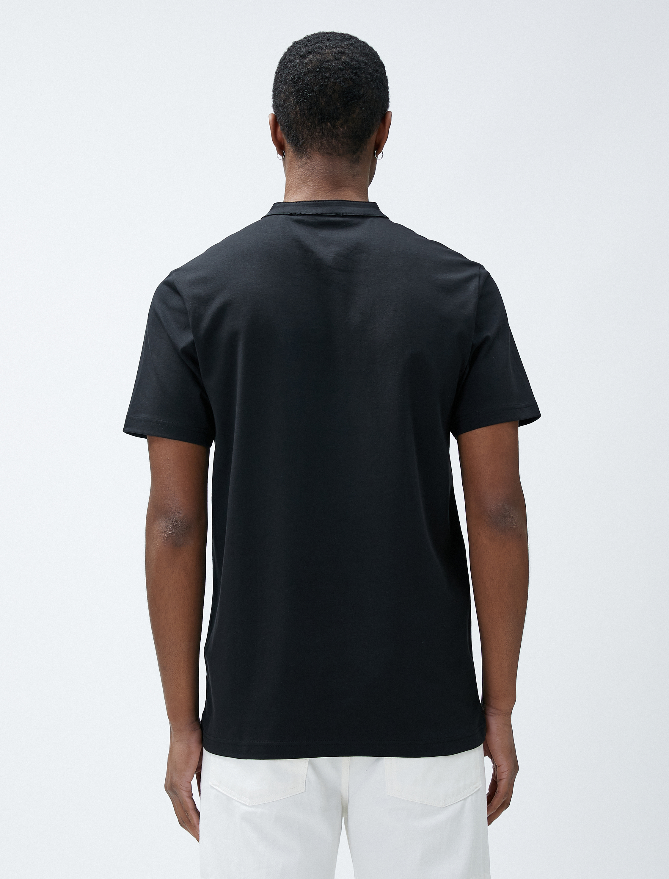   Hakim Yaka Tişört Düğmeli Köpek İşlemeli Dar Kesim Pamuklu