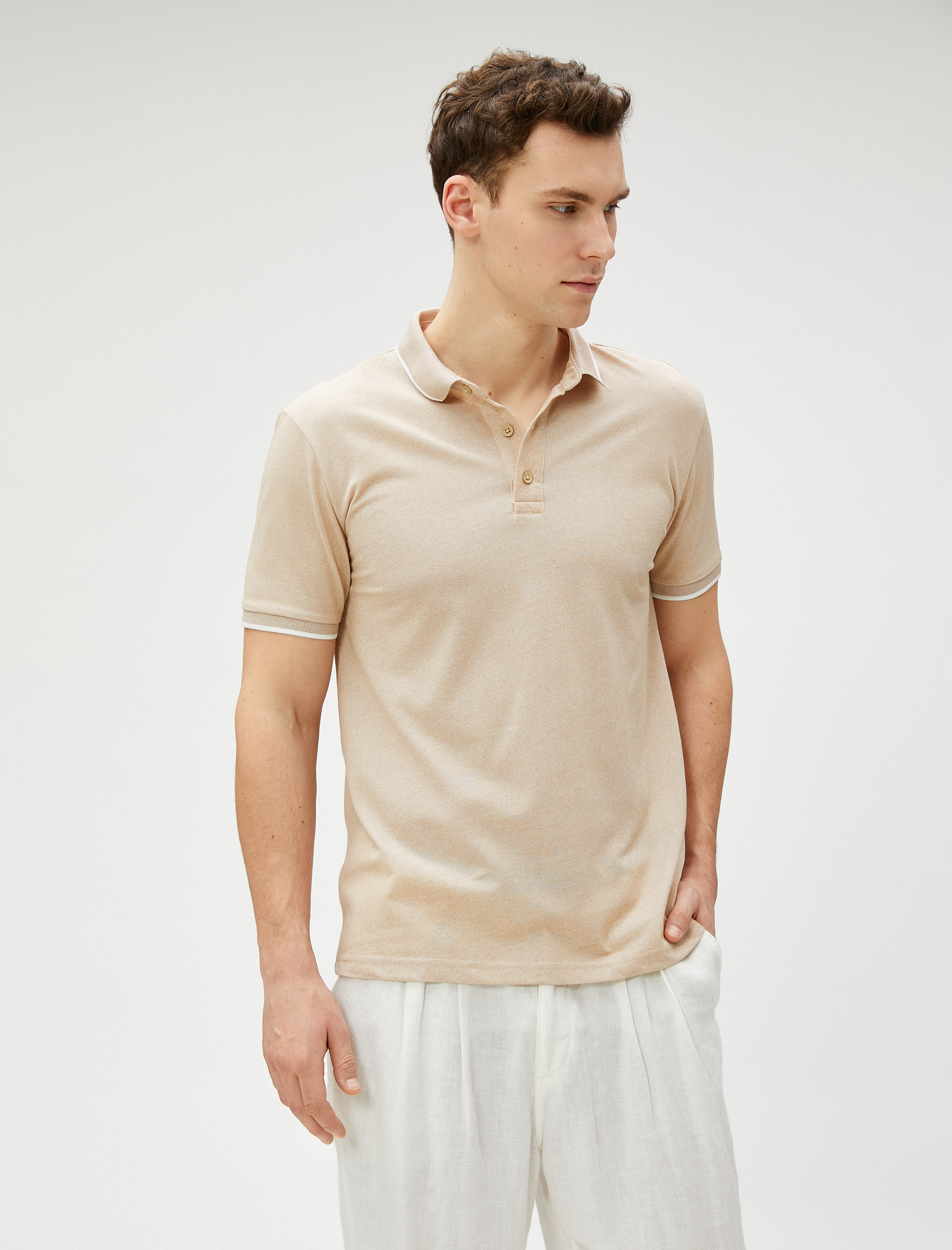   Polo Yaka Tişört Düğmeli Dar Kesim Kısa Kollu