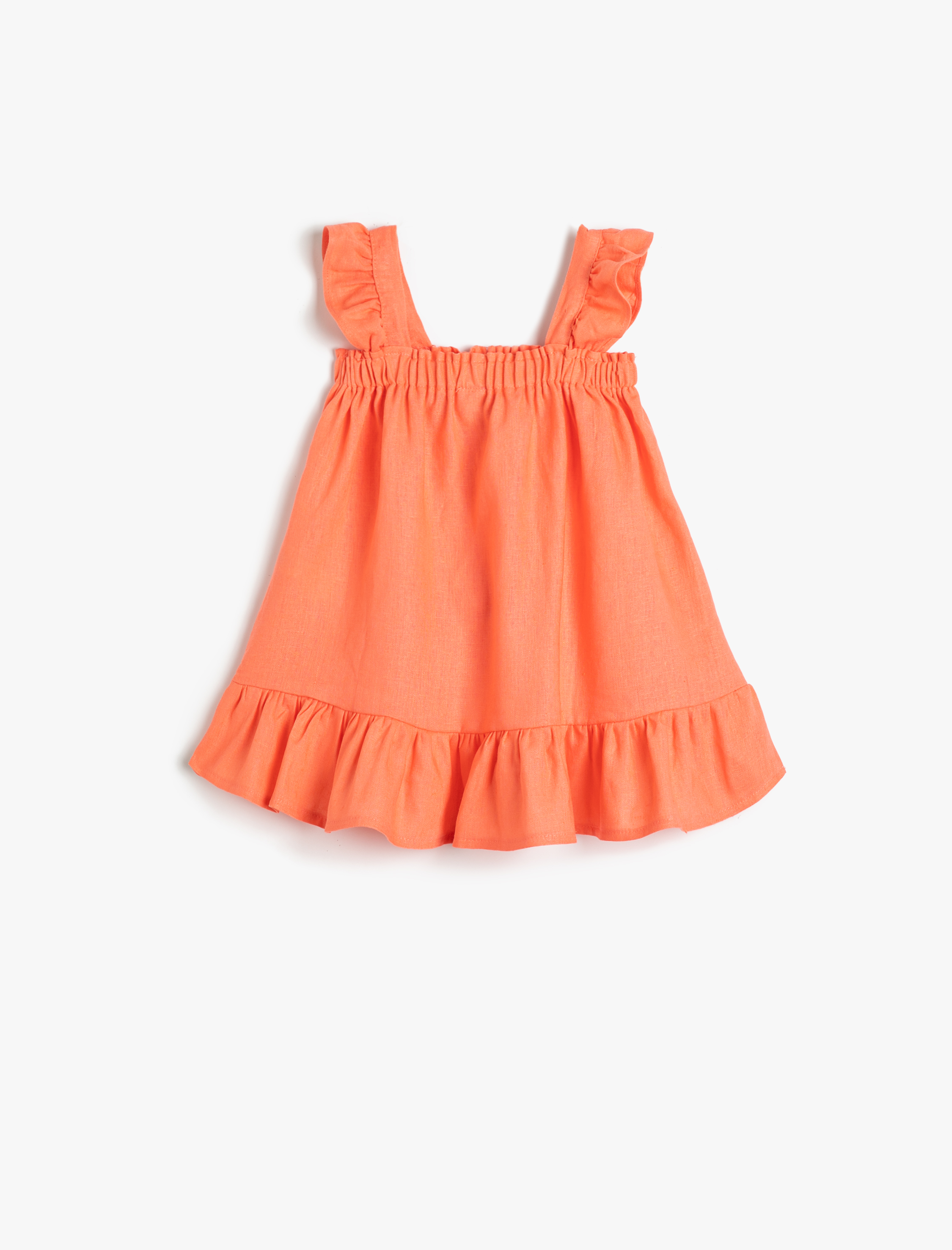  Kız Bebek Keten Elbise Askılı Fırfırlı Cep Detaylı