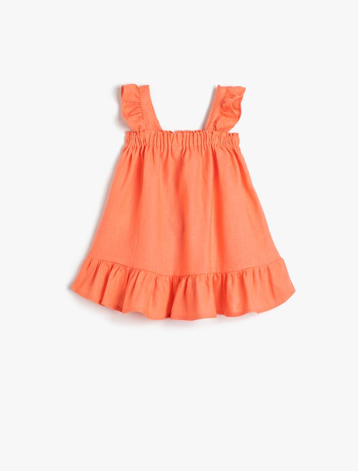 Kız Bebek Keten Elbise Askılı Fırfırlı Cep Detaylı