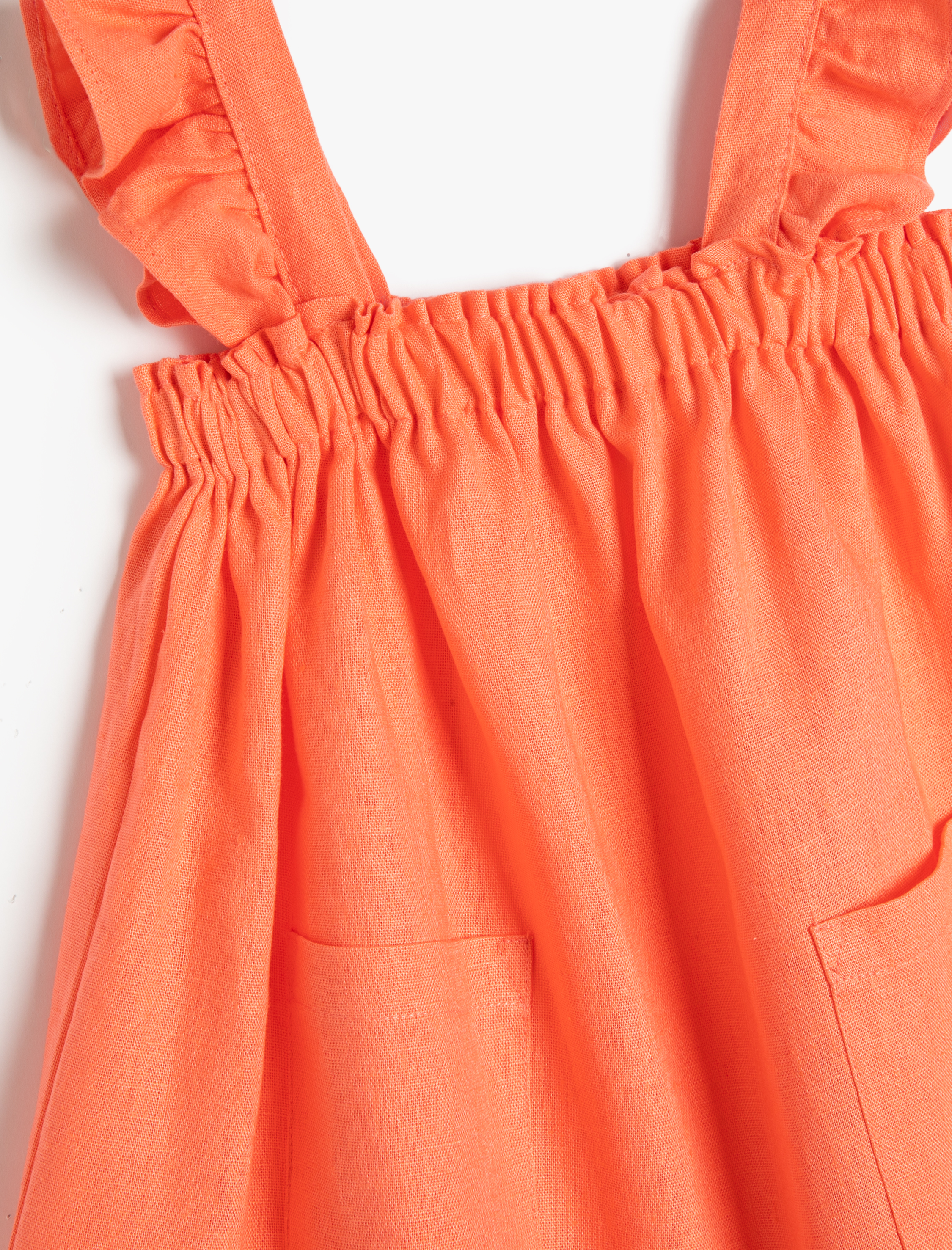  Kız Bebek Keten Elbise Askılı Fırfırlı Cep Detaylı