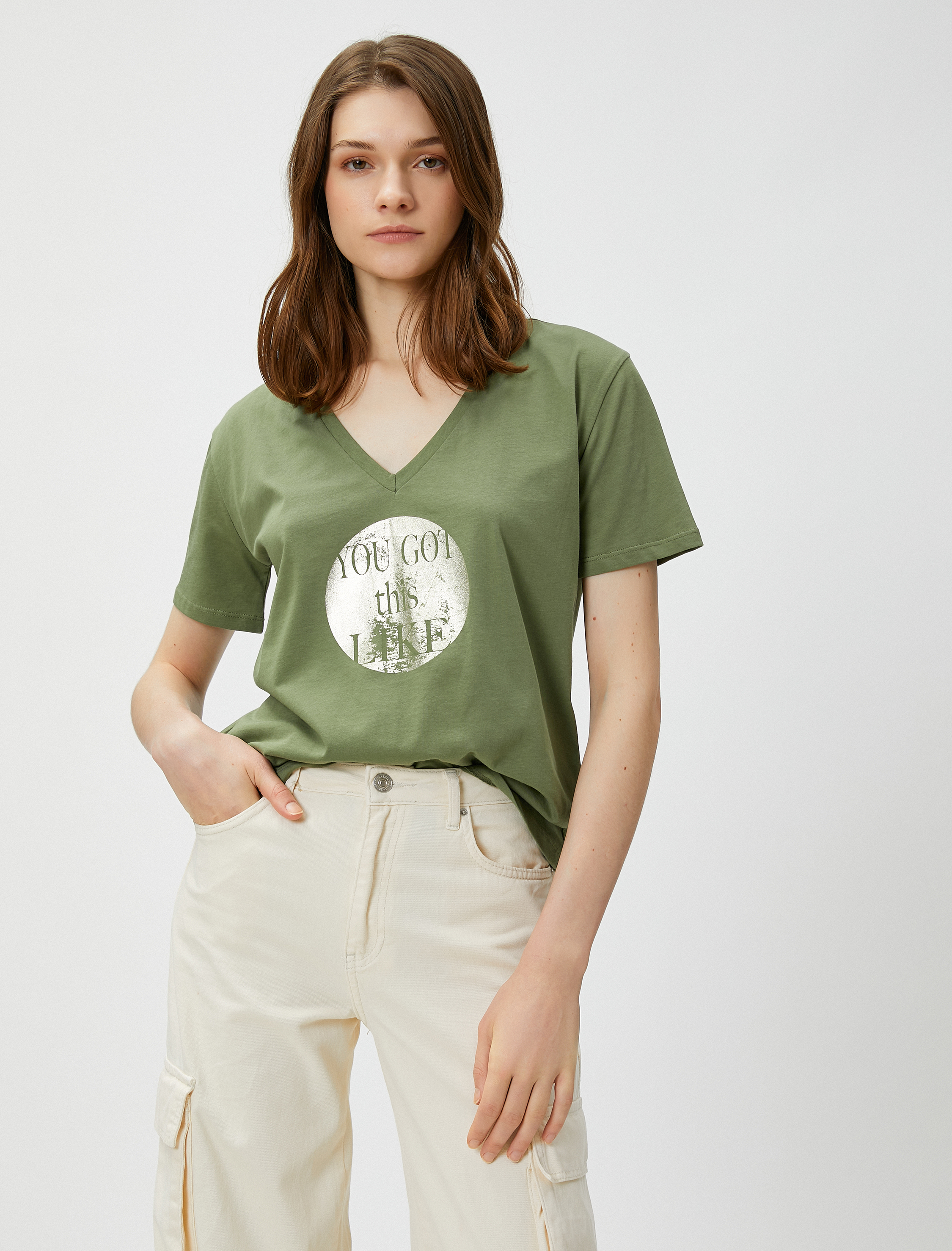   Tişört V Yaka Baskılı Pamuklu