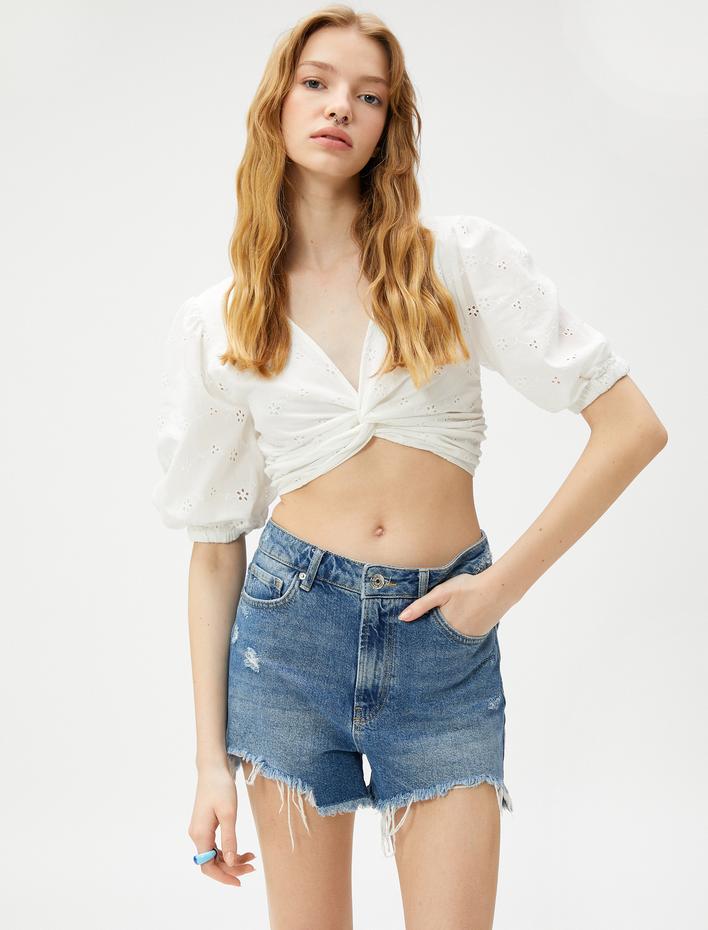  Crop Bluz Fisto Balon Kollu Önü Büzgülü