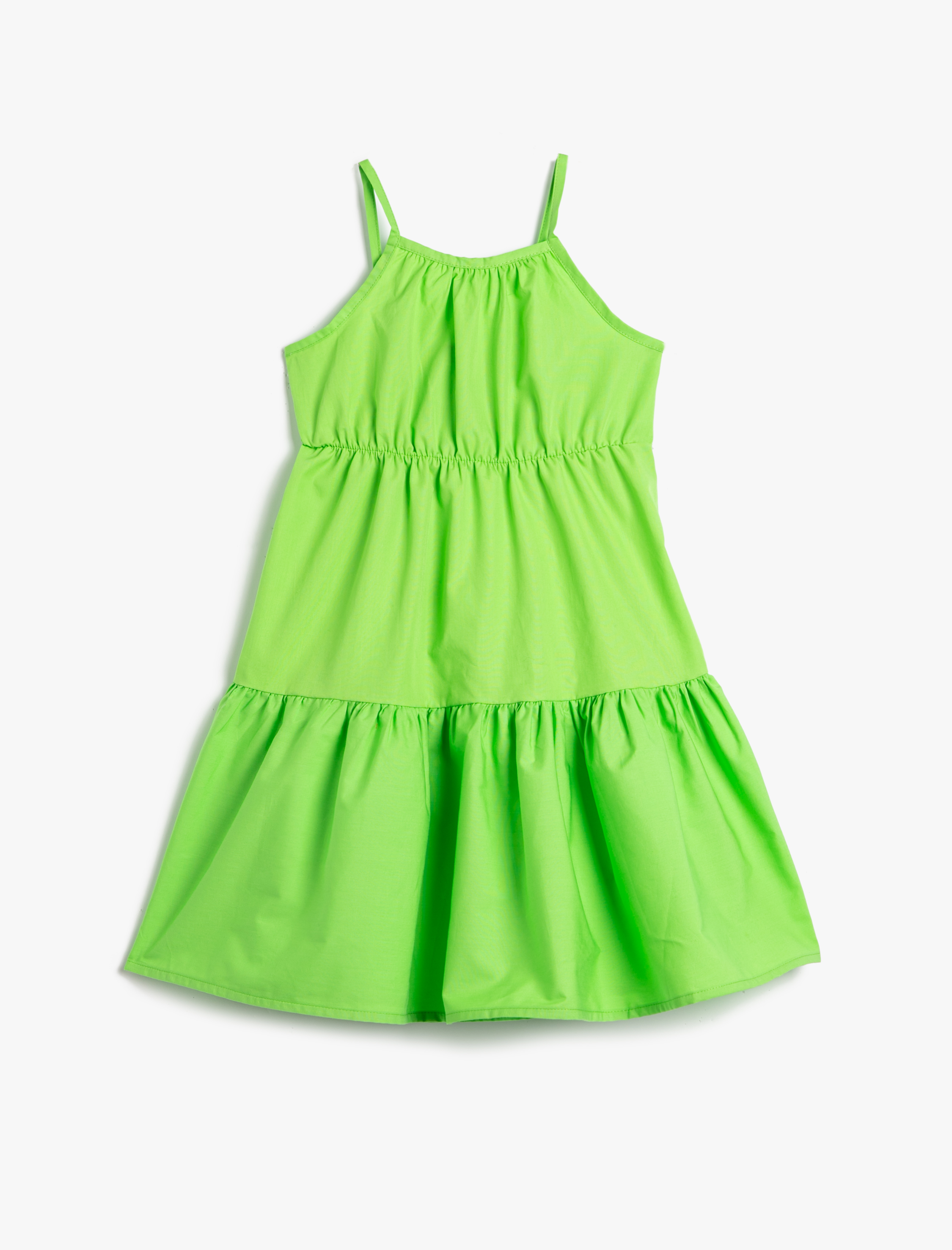  Kız Çocuk Elbise Maksi Boy İnce Askılı Halter Yaka Katlı Pamuklu