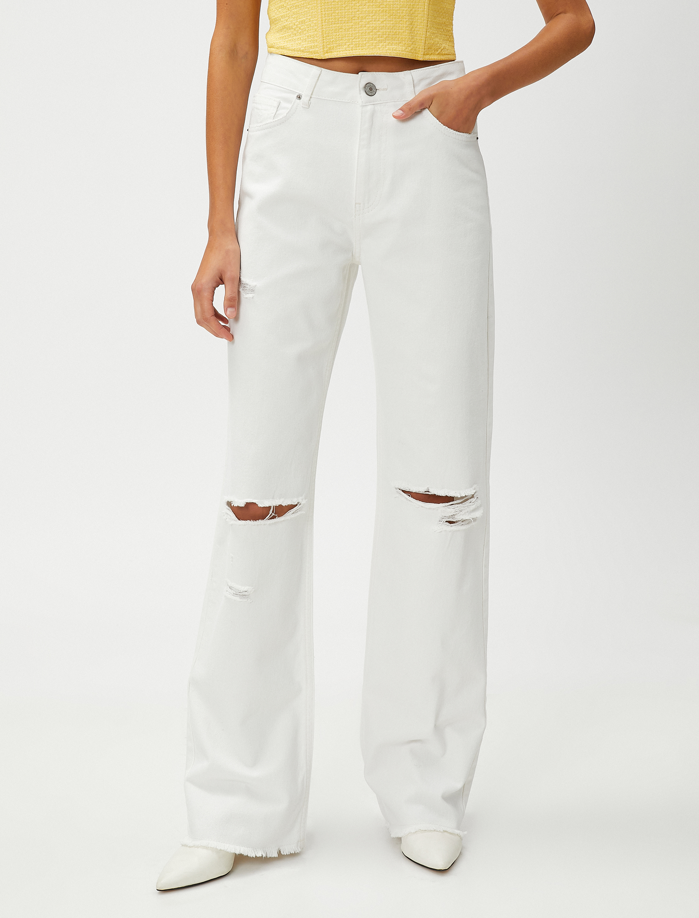   Yırtık Kot Pantolon Yüksek Bel Düz Paça - Nora Jeans