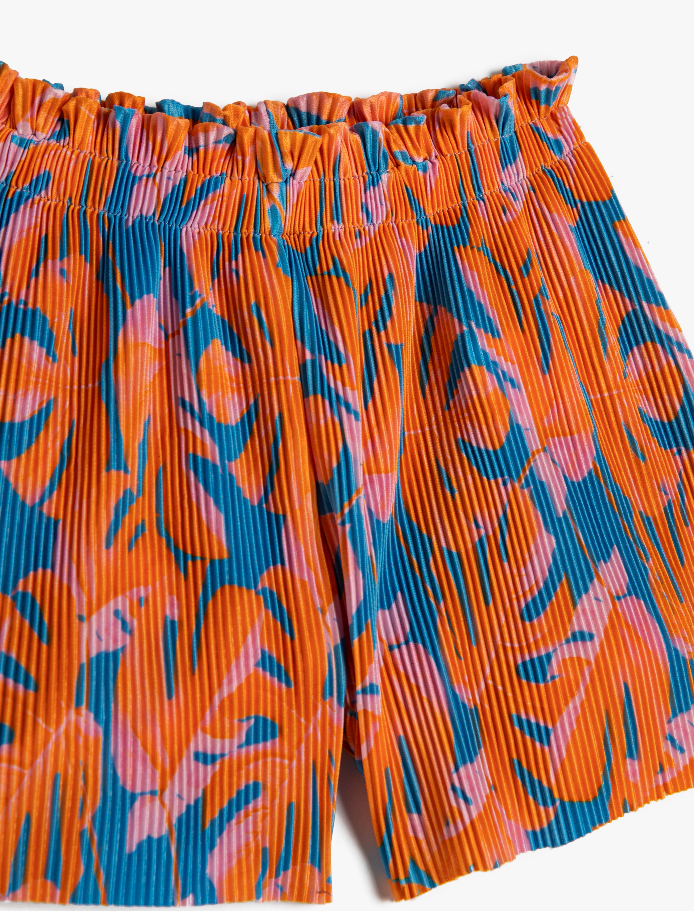  Kız Çocuk Pilili Şort Beli Lastikli Floral Desenli Rahat Kesim