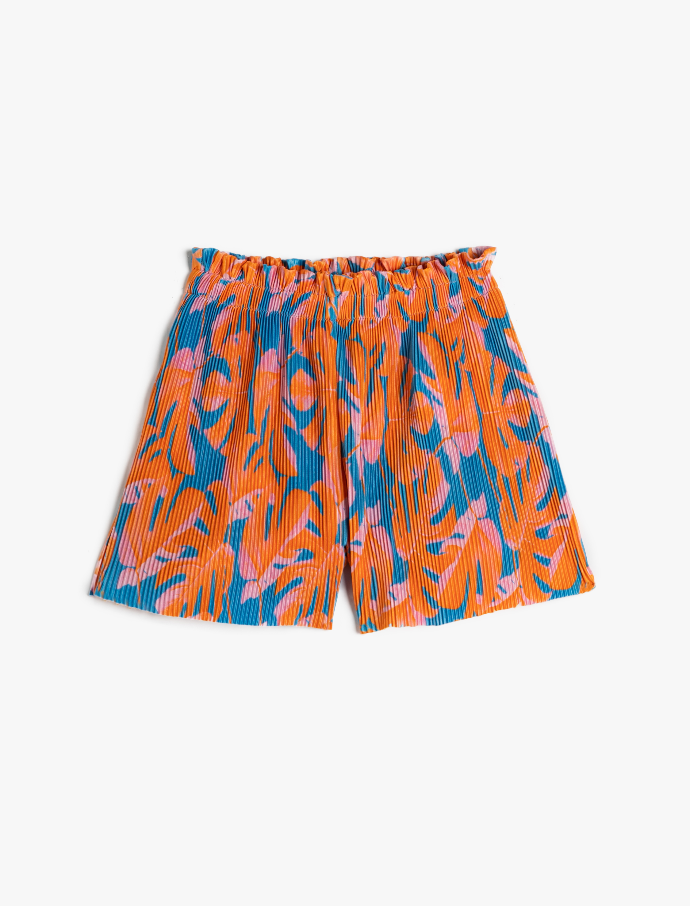  Kız Çocuk Pilili Şort Beli Lastikli Floral Desenli Rahat Kesim