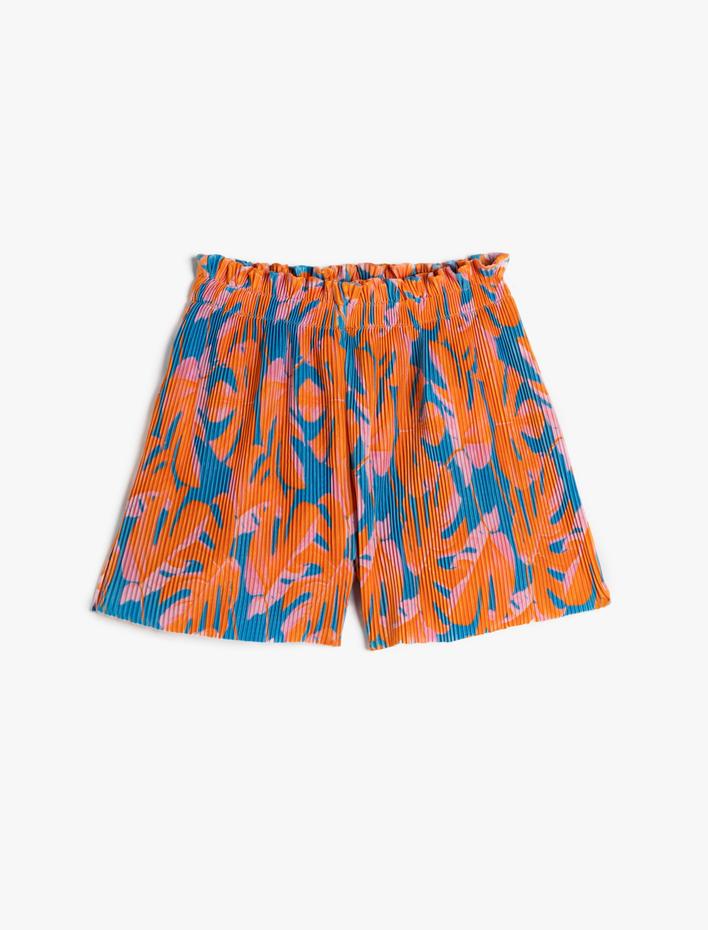 Kız Çocuk Pilili Şort Beli Lastikli Floral Desenli Rahat Kesim