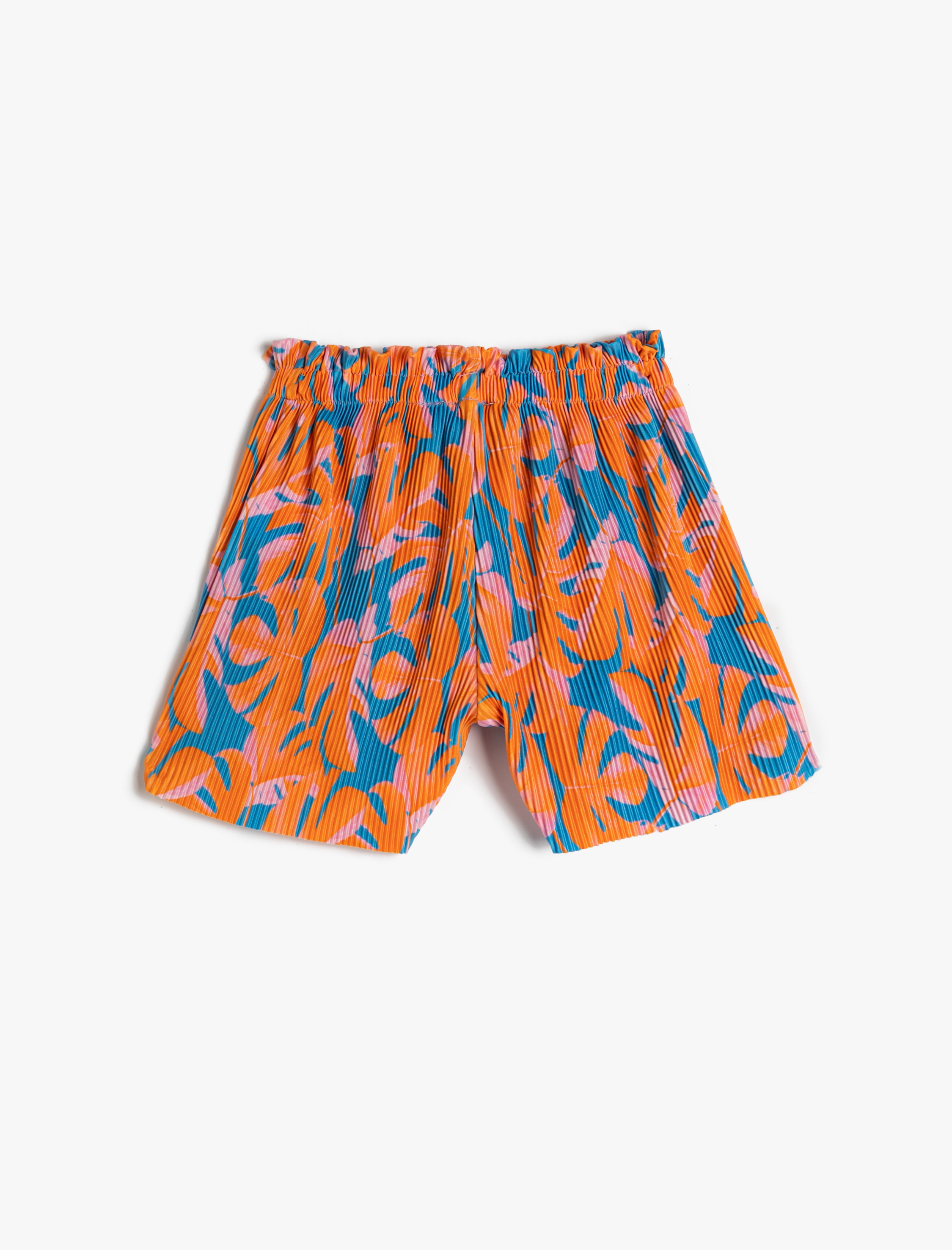  Kız Çocuk Pilili Şort Beli Lastikli Floral Desenli Rahat Kesim