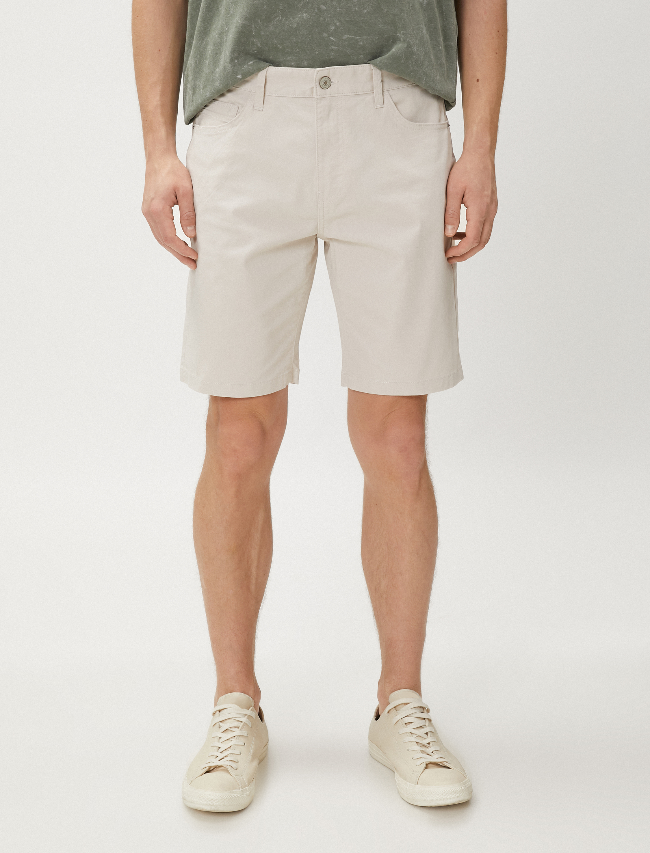   Basic Gabardin Şort Soluk Efektli Düğmeli Pamuklu