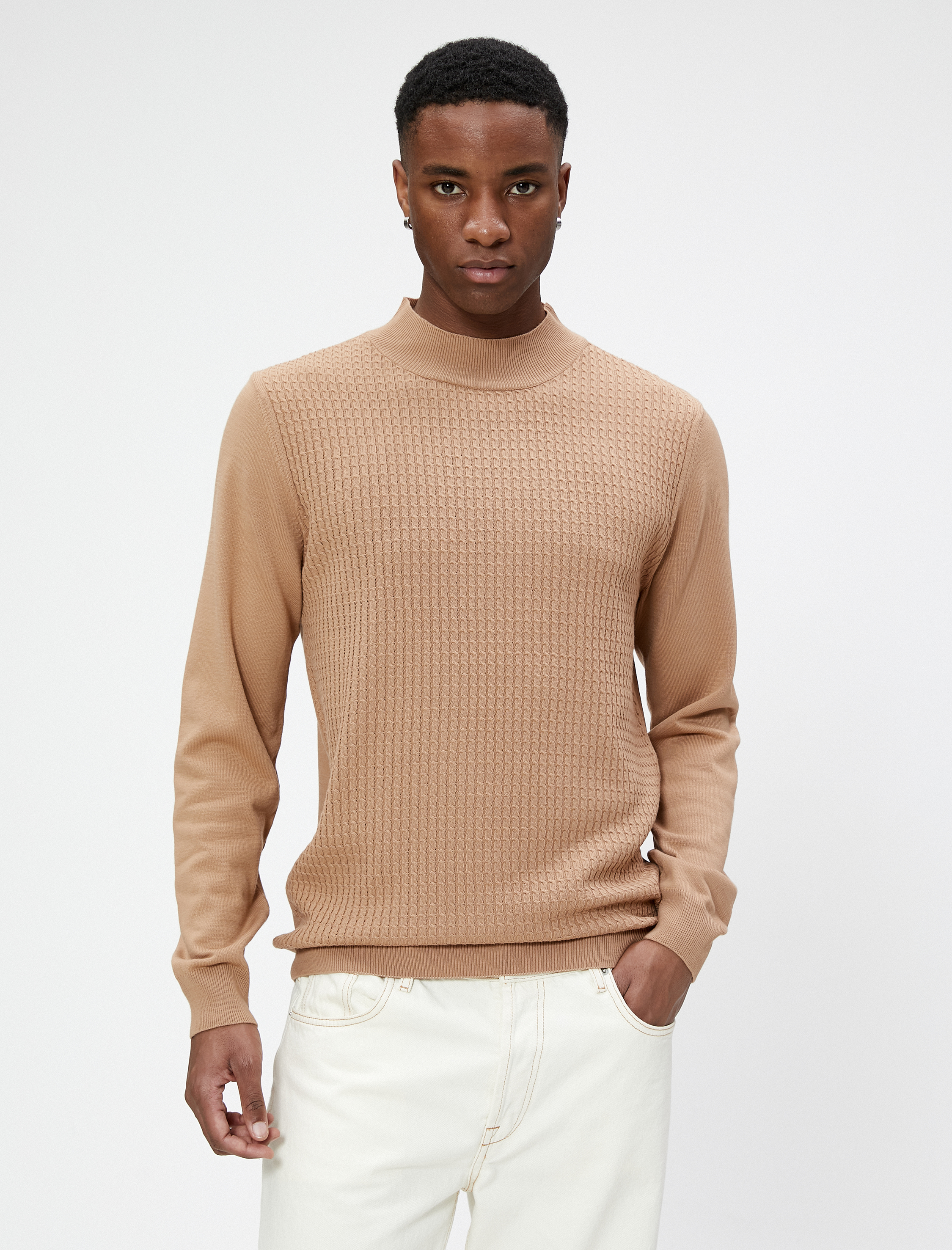   Yarım Balıkçı Yaka Kazak Triko Dokulu Dar Kesim Uzun Kollu