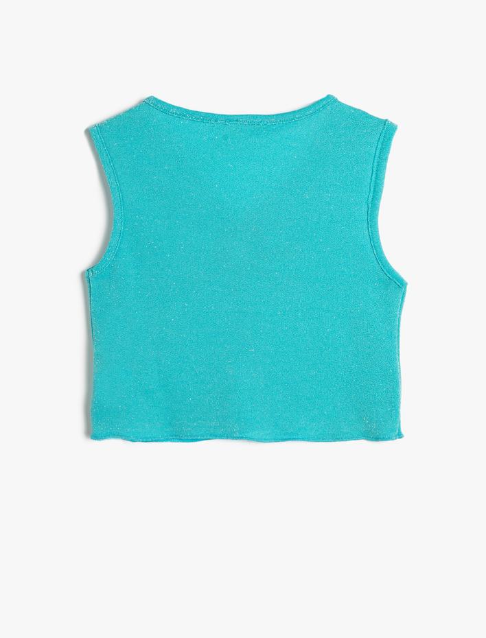 Kız Çocuk Crop Üst Kolsuz Pencere Detaylı V Yaka Parıltılı