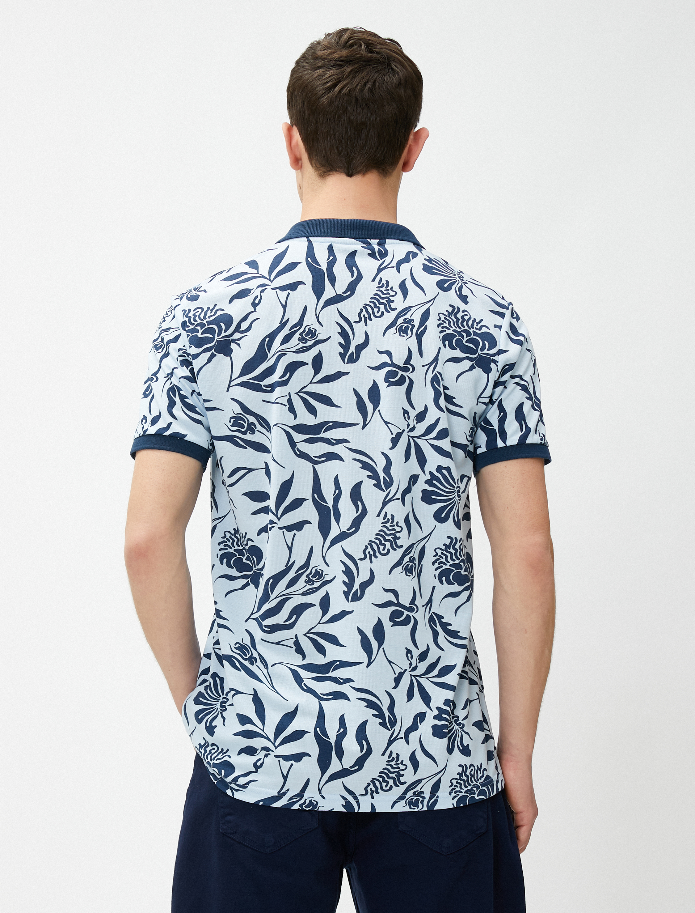 mmm✨ Mavi Erkek Polo Yaka Tişört Çiçekli Dar Kesim Kısa Kollu Düğmeli