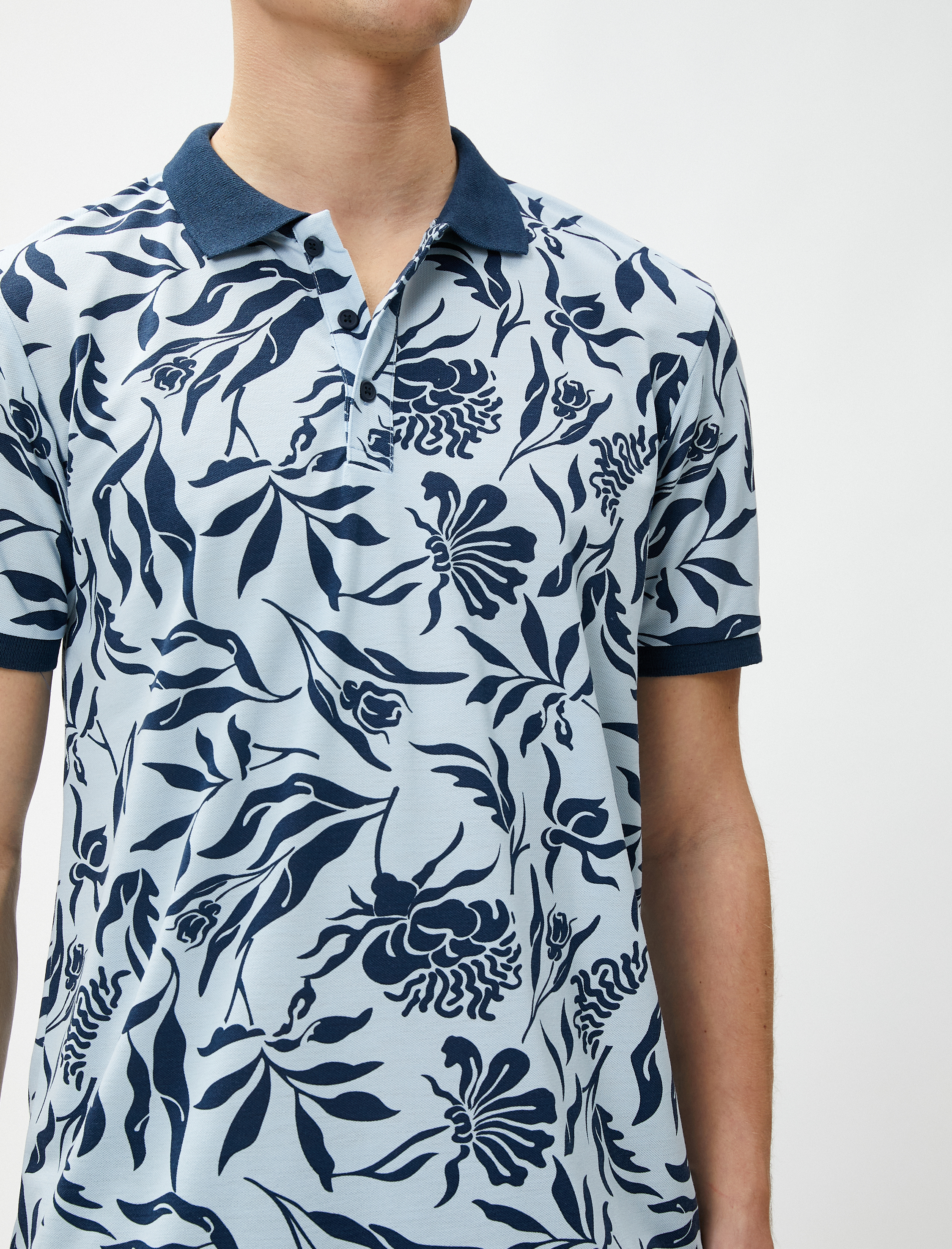 mmm✨ Mavi Erkek Polo Yaka Tişört Çiçekli Dar Kesim Kısa Kollu Düğmeli