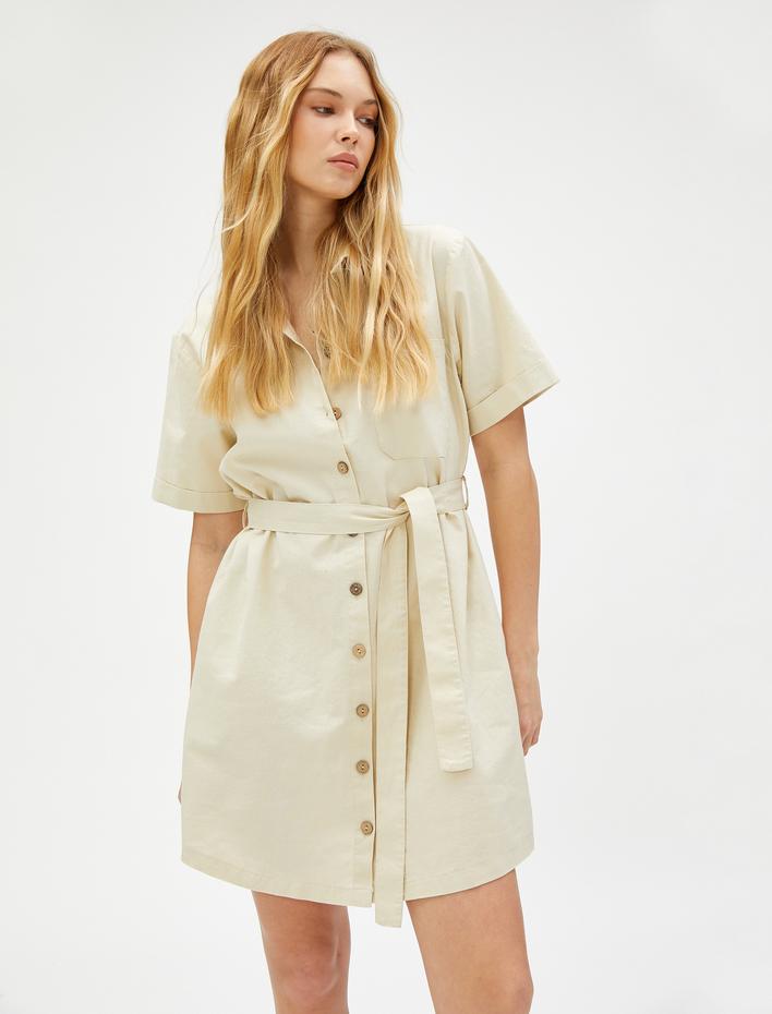  Mini Gömlek Elbise Kısa Kollu Kuşaklı Keten Karışımlı
