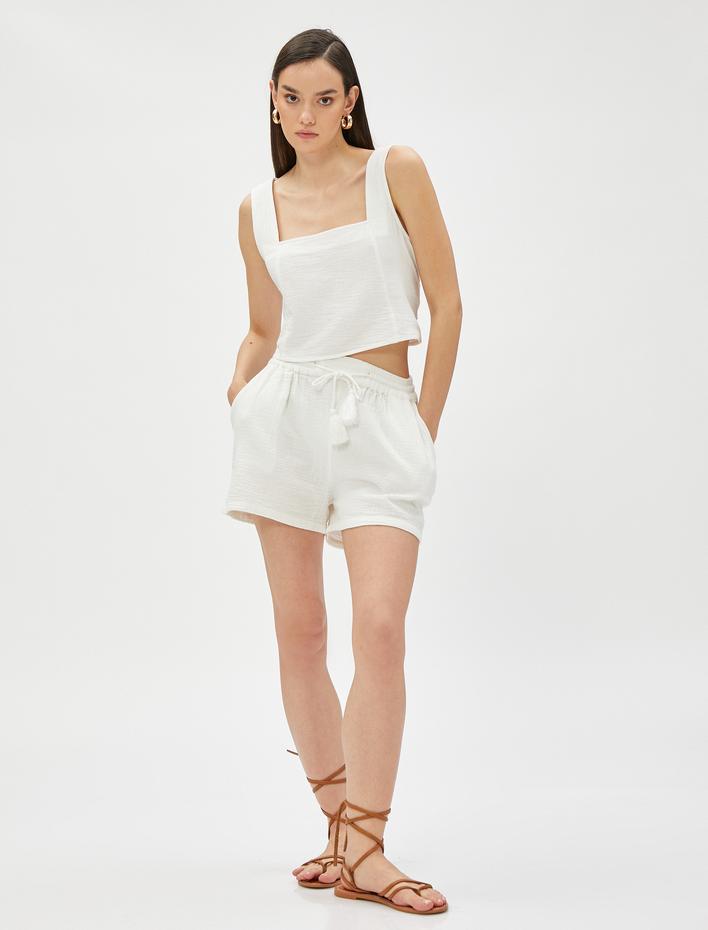  Beli Bağlamalı Şort Cep Detaylı Pamuklu