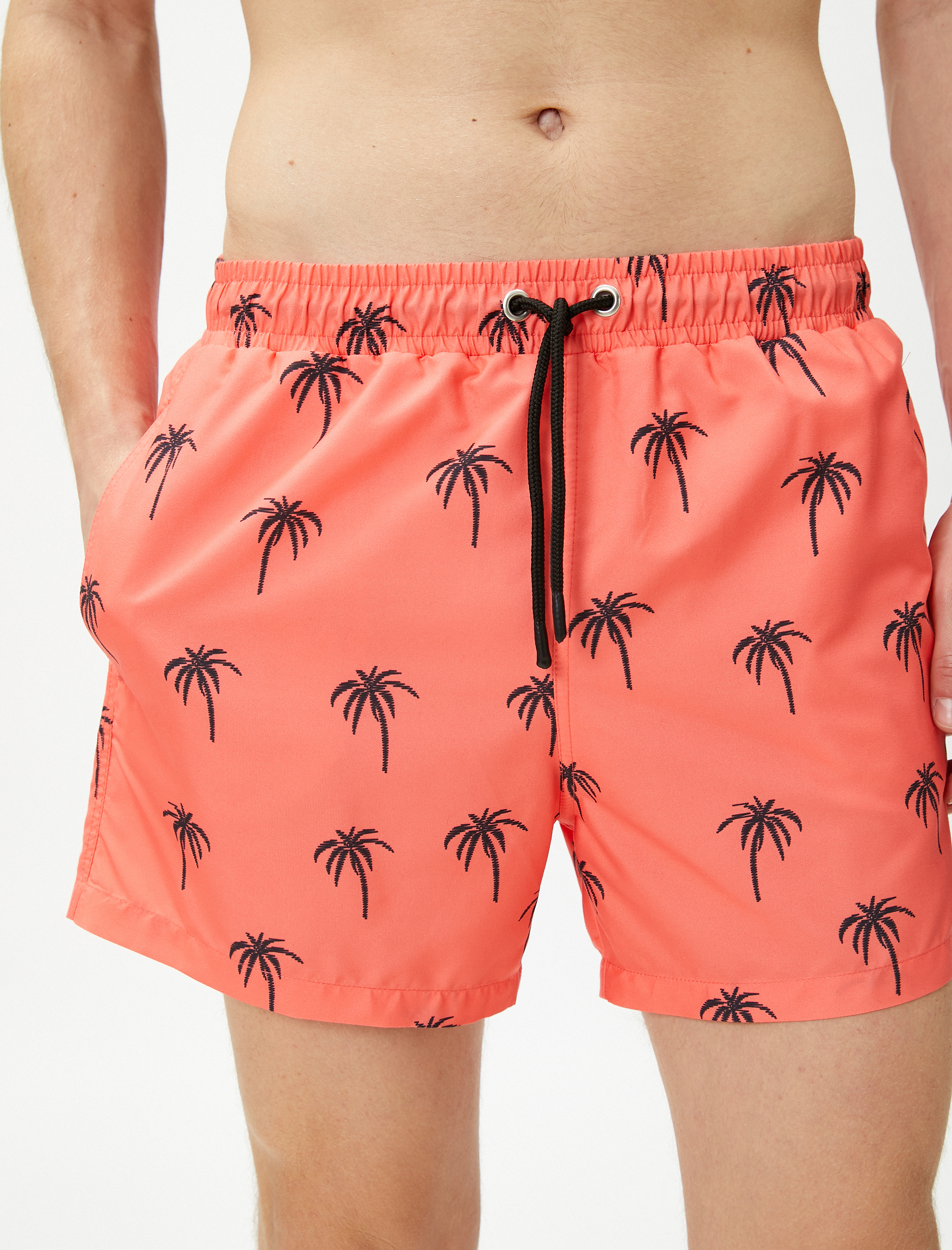   Deniz Şortu Palmiye Baskılı Beli Bağcıklı Cepli