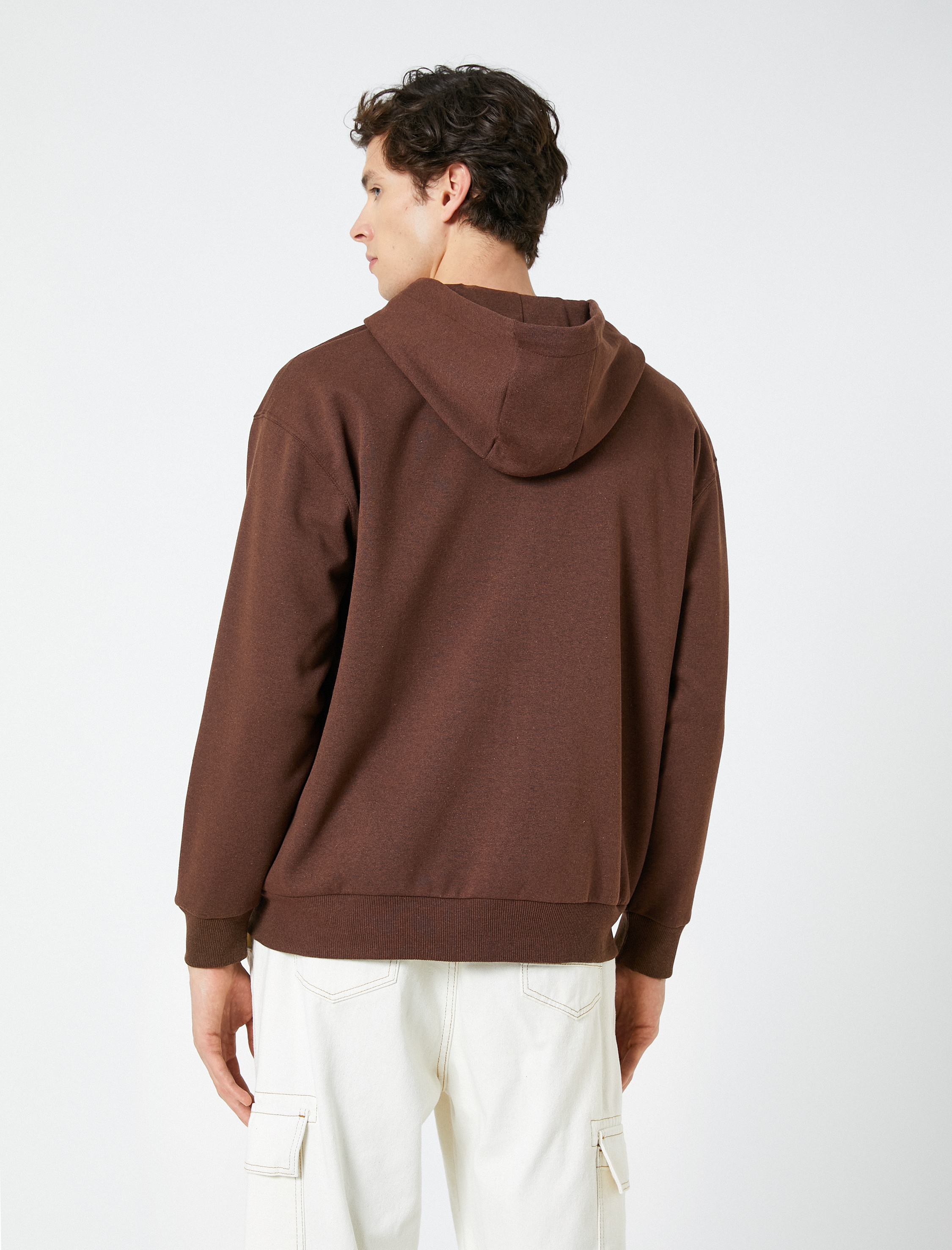   Oversize Fermuarlı Sweatshirt Kapşonlu Cep Detaylı Etiket Baskılı Şardonlu