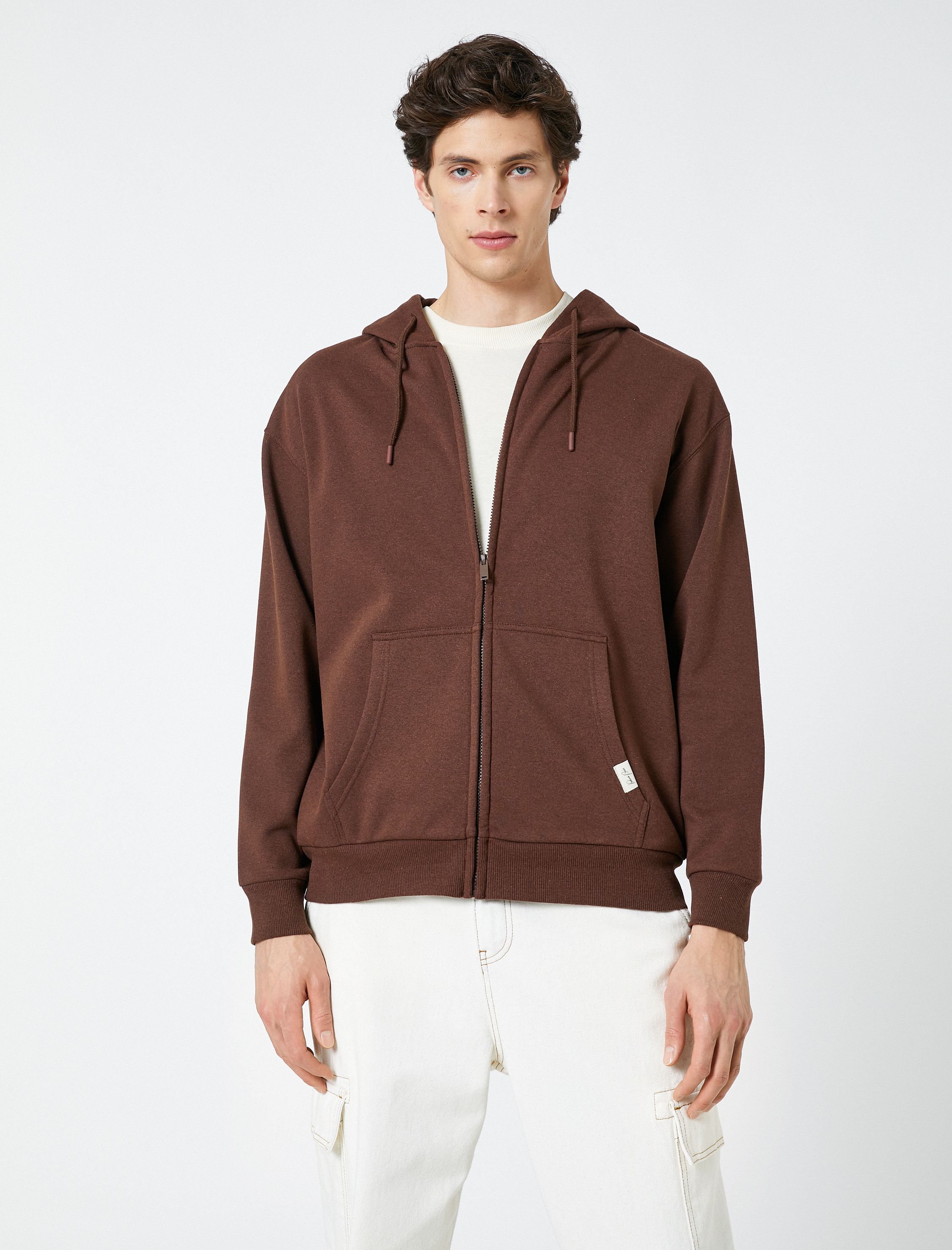   Oversize Fermuarlı Sweatshirt Kapşonlu Cep Detaylı Etiket Baskılı Şardonlu