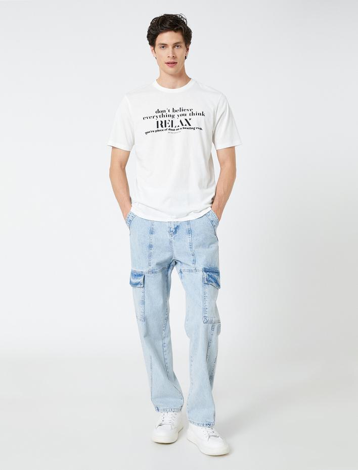  Slogan Baskılı Tişört Bisiklet Yaka Kısa Kollu Pamuklu