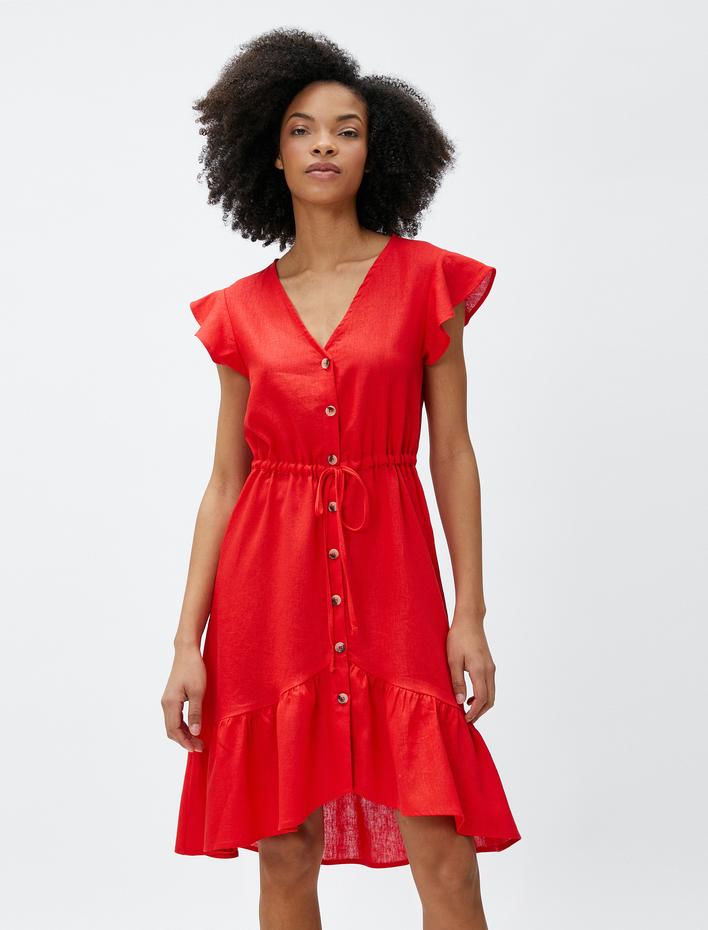  V Yaka Elbise Keten Karışımlı Fırfırlı Düğmeli Beli Bağcıklı